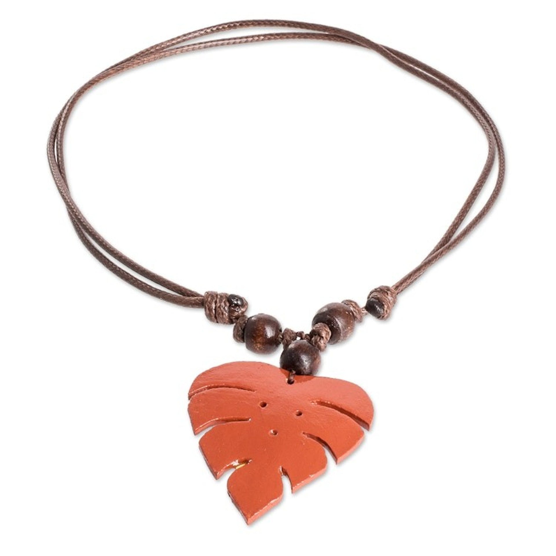 Terracotta Calabash Gourd Pendant Necklace with Wood Beads 'Jungle Terracotta'