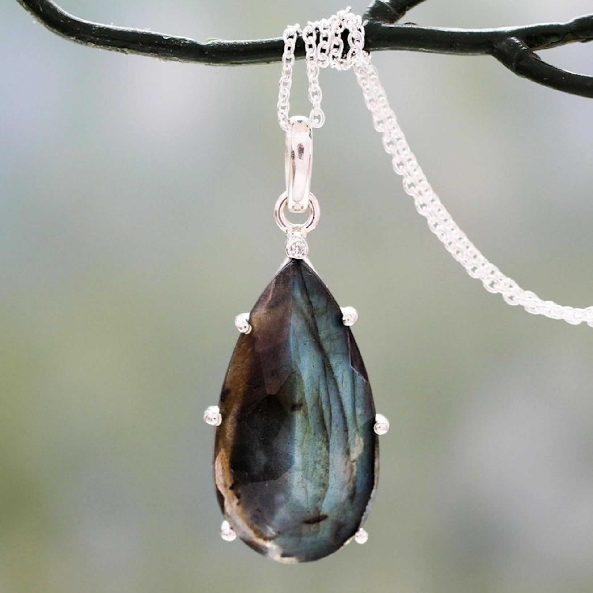 Fair Trade Labradorite and Sterling Silver Pendant Necklace 'Dusky Droplet'