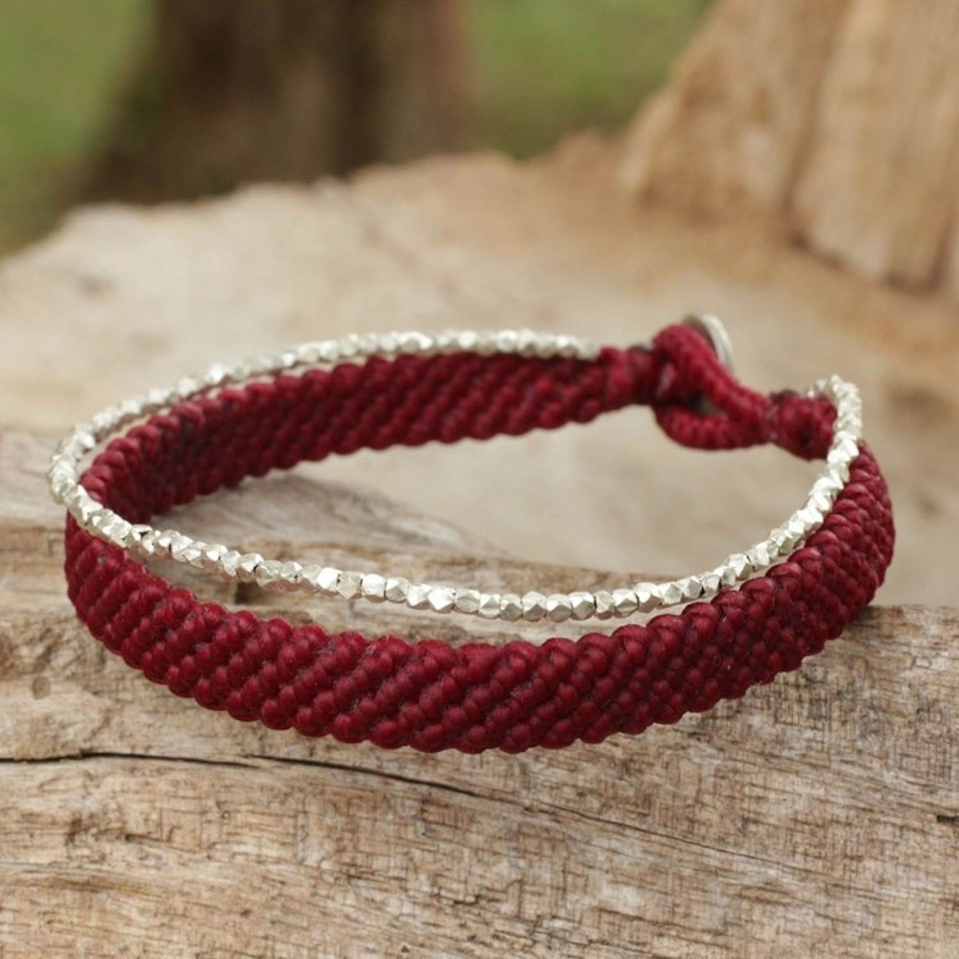 Women's Red Wristband Bracelet with Silver Beads 'Blithe Red'