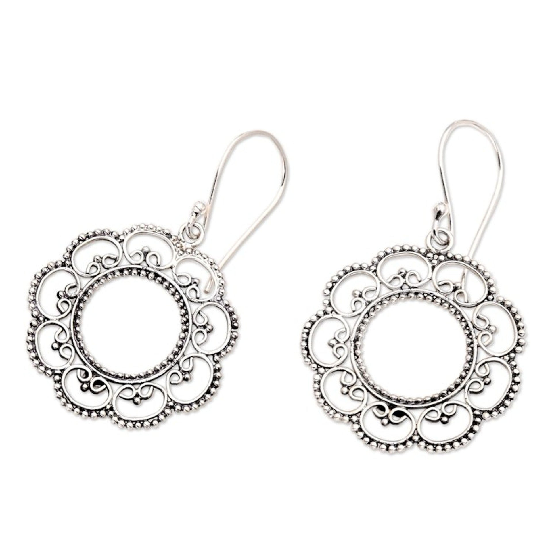 Floral Sterling Silver Dangle Earrings 'Lacy Sunflower'