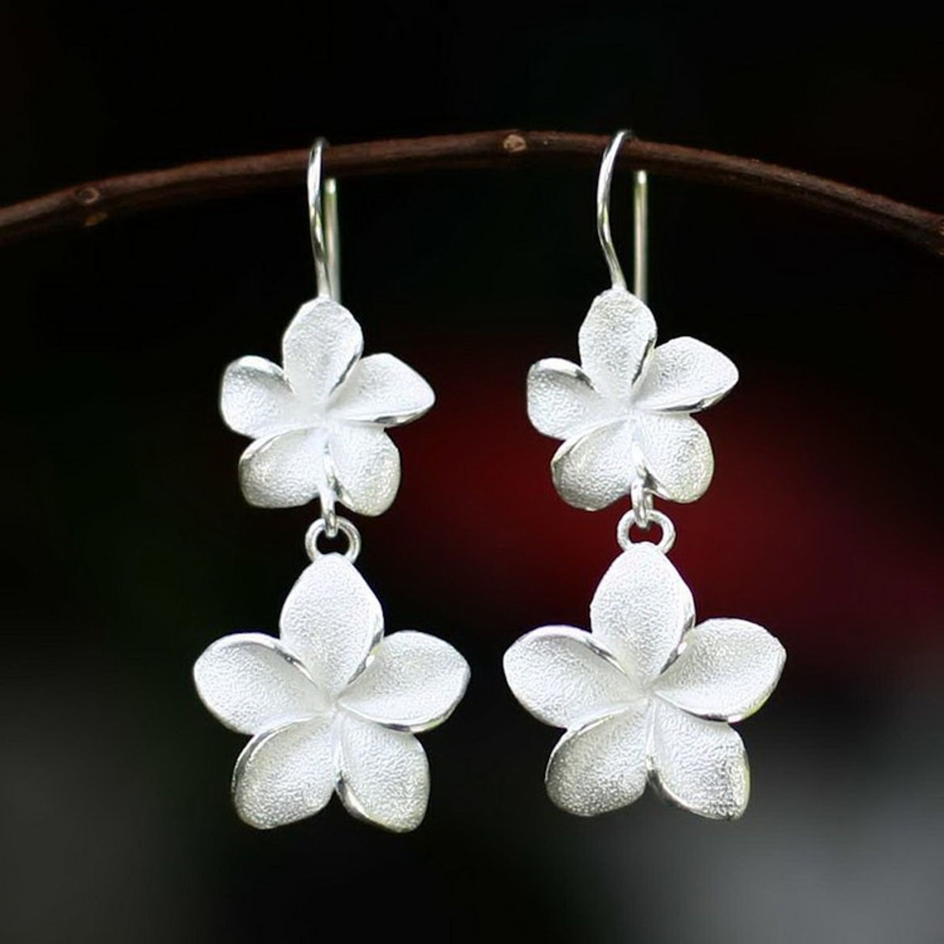 Floral Sterling Silver Dangle Earrings 'Frangipani Twins'