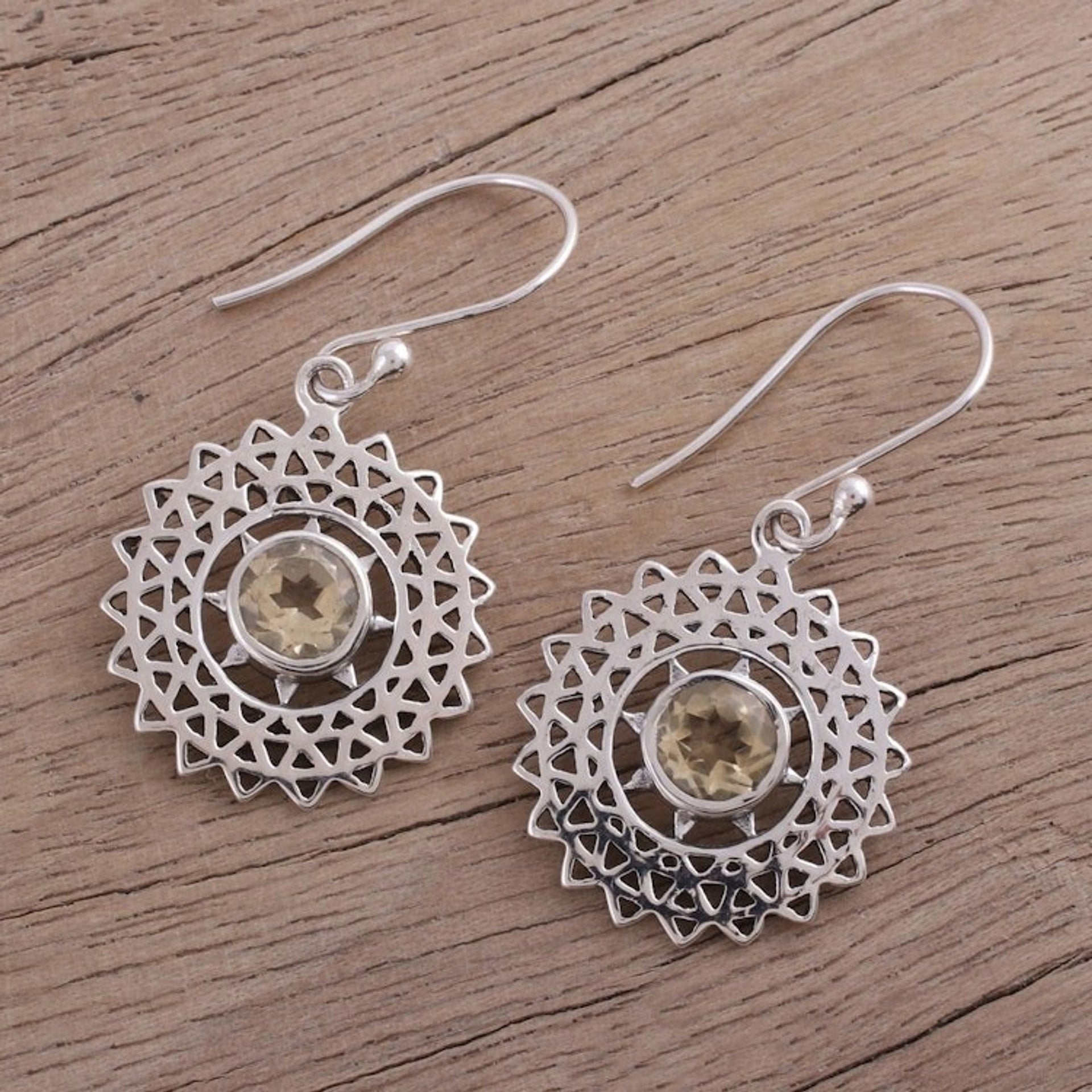 Citrine and Silver Triangle Motif Dangle Earrings from India 'Triangular Sun Rays'