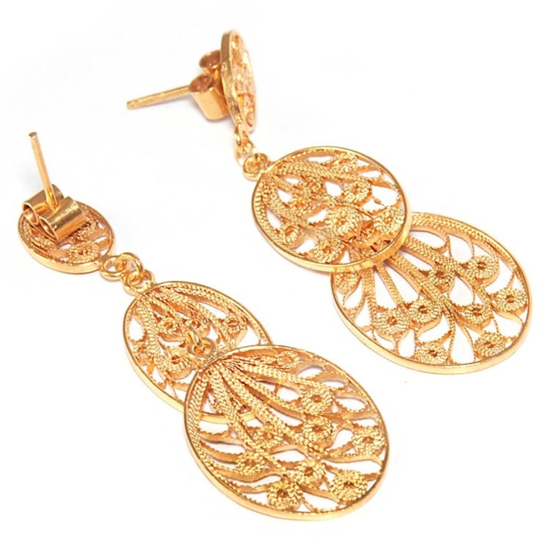 Hand Crafted 21K Gold Plated on Sterling Dangle Earrings 'Filigree Beauty'