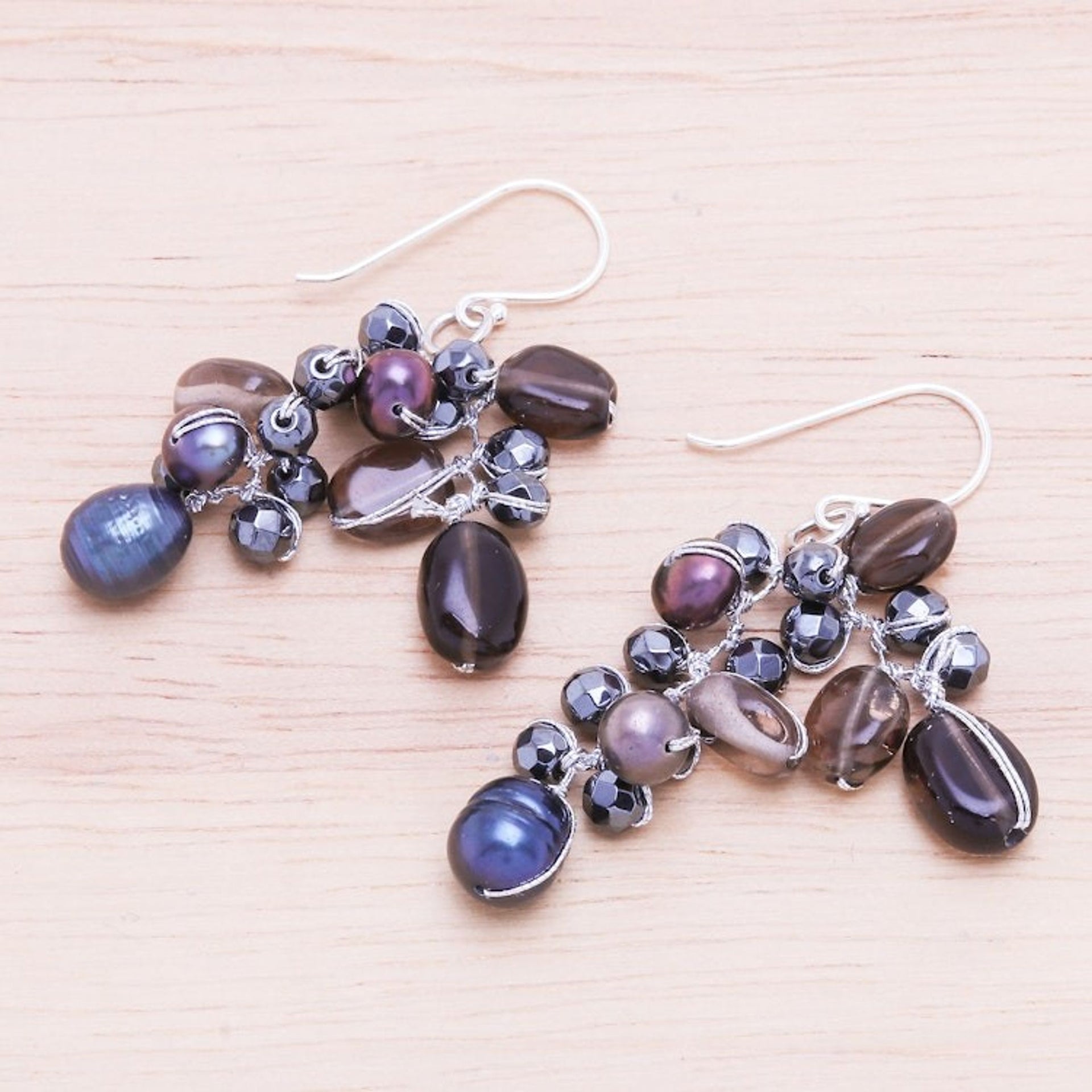 Cultured Pearl and Smoky Quartz Dangle Earrings 'Wishing Pool'