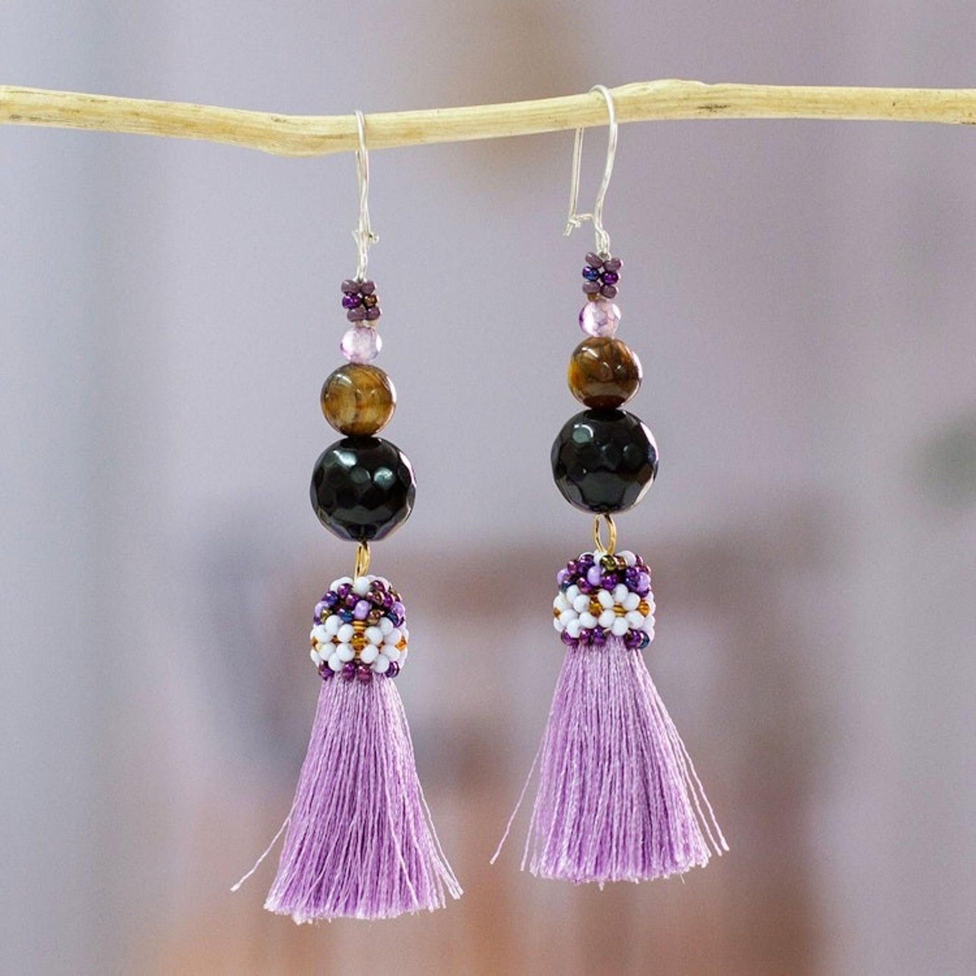 Handcrafted Agate Tigers Eye Beaded Purple Tassel Earrings 'Playful Purple'