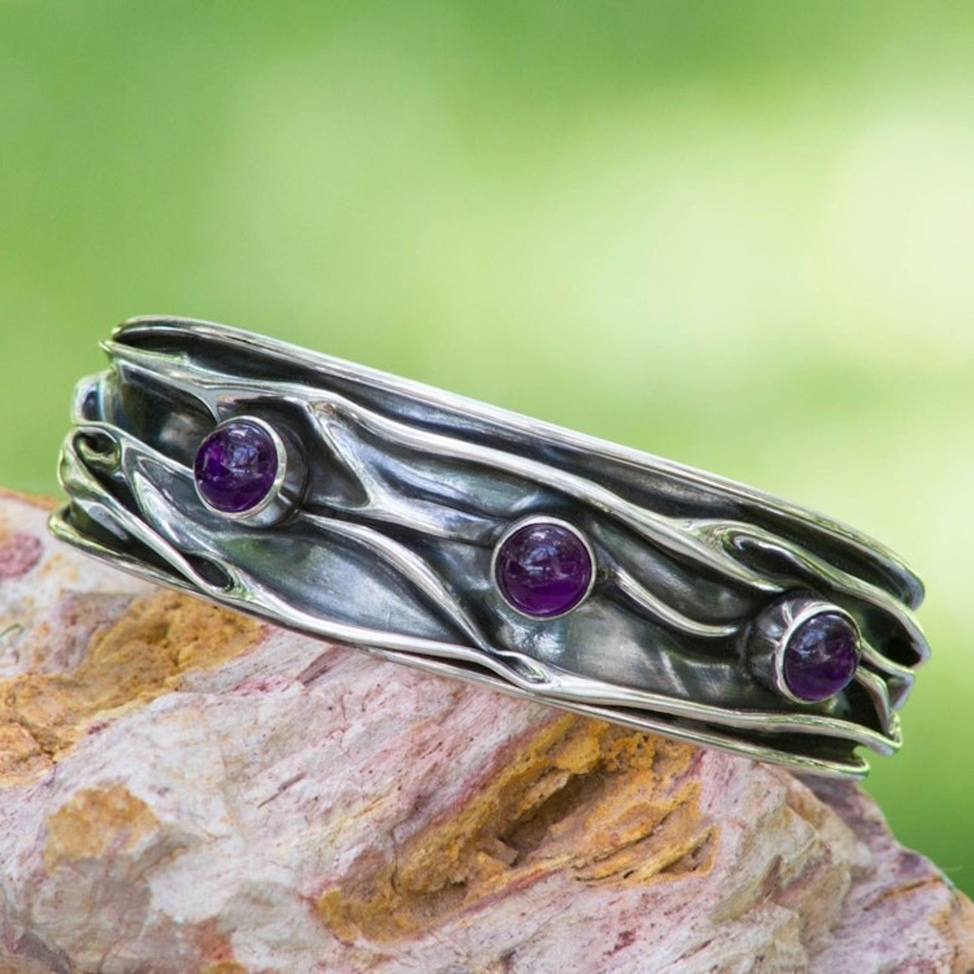 Amethyst Modern Silver 950 Cuff Bracelet 'Taxco Dusk'