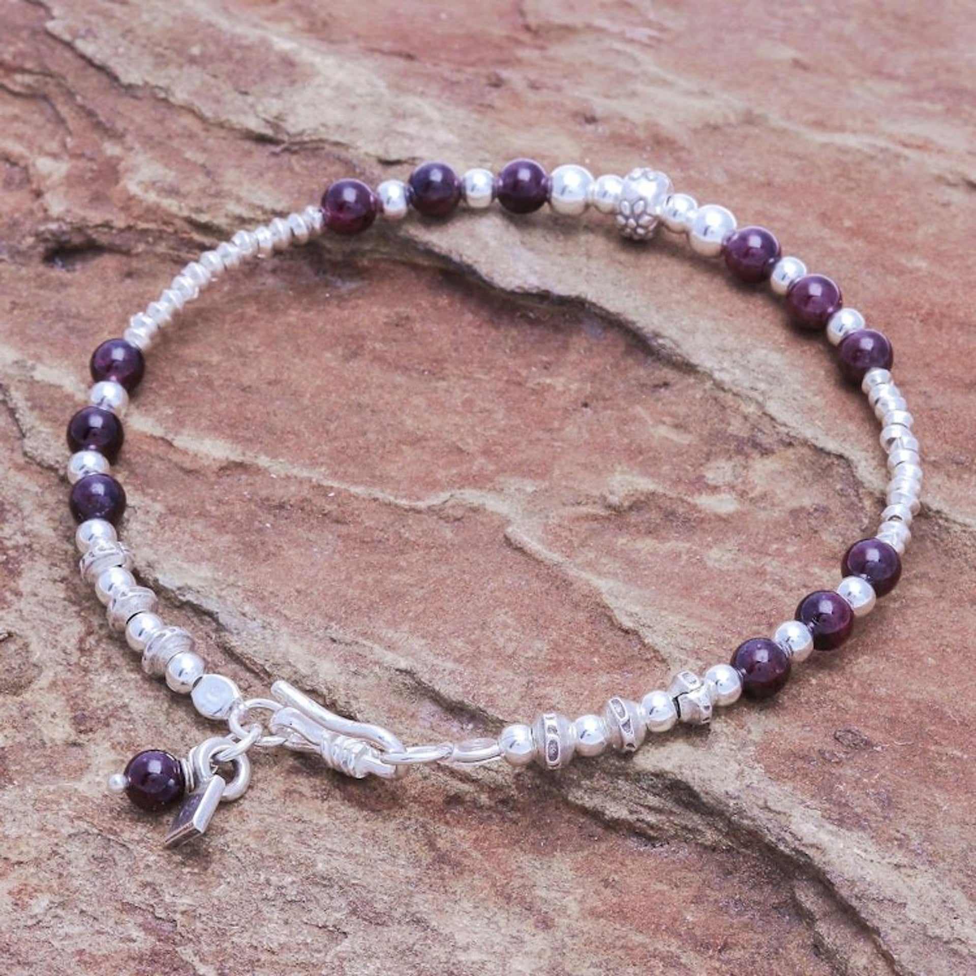 Garnet and Sterling Silver Beaded Bracelet 'Brighter Day in Red'