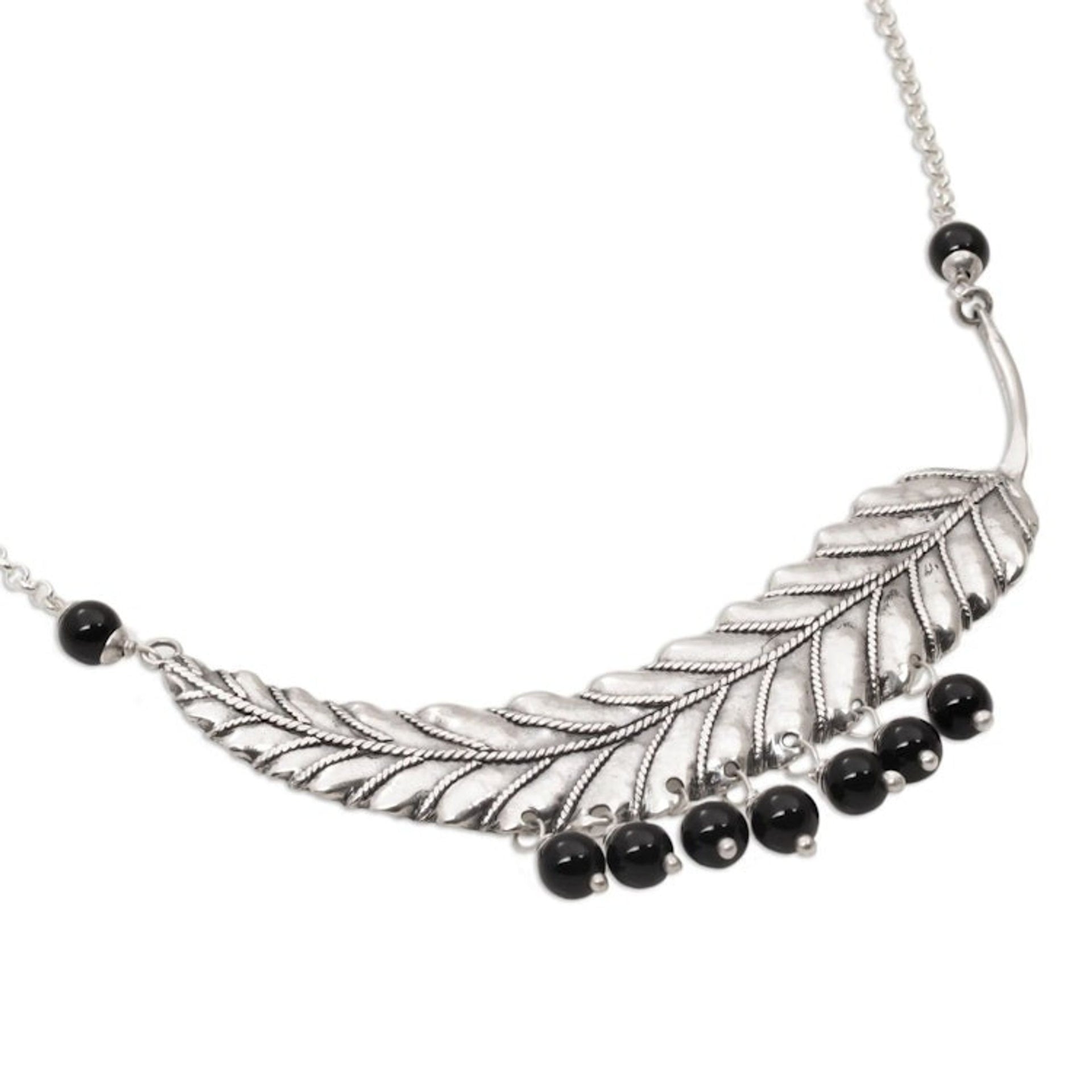 Sterling Silver and Onyx Leaf Pendant Necklace from Bali 'Dusky Dew'