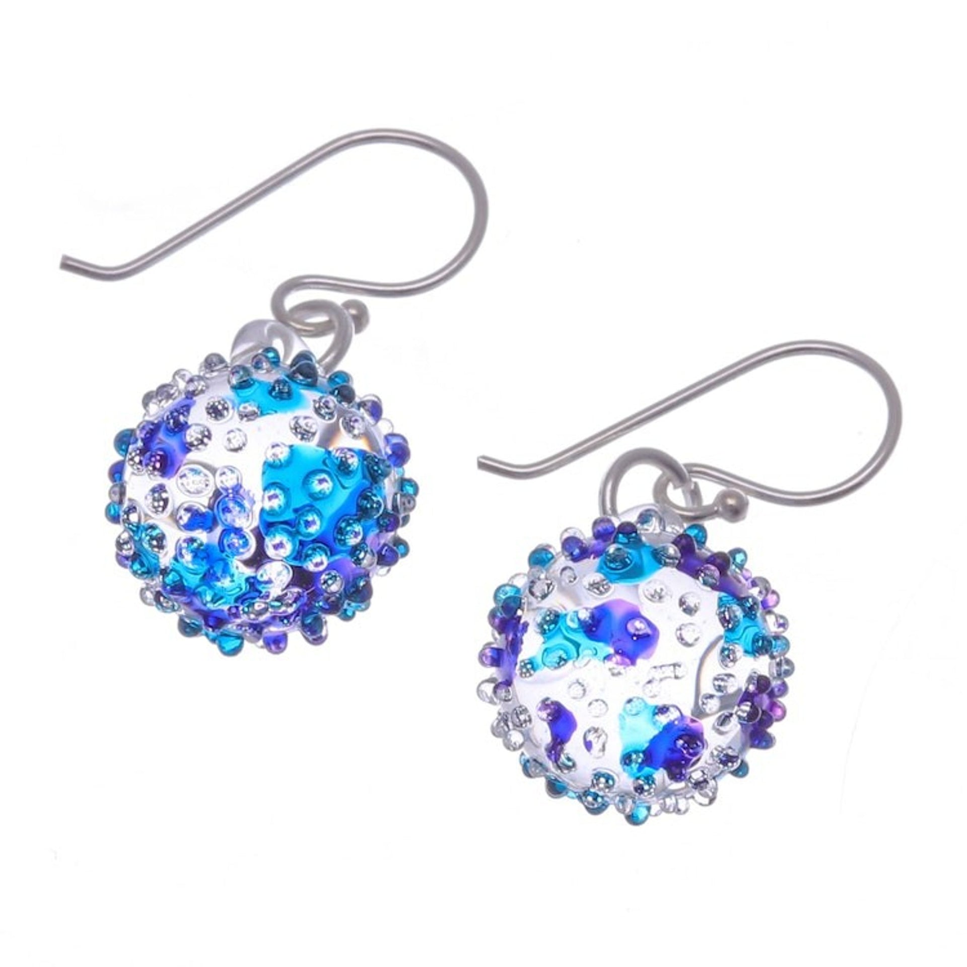 Handblown Glass Spike Ball Dangle Earrings in Purple Blue 'Purple Blue Berries'