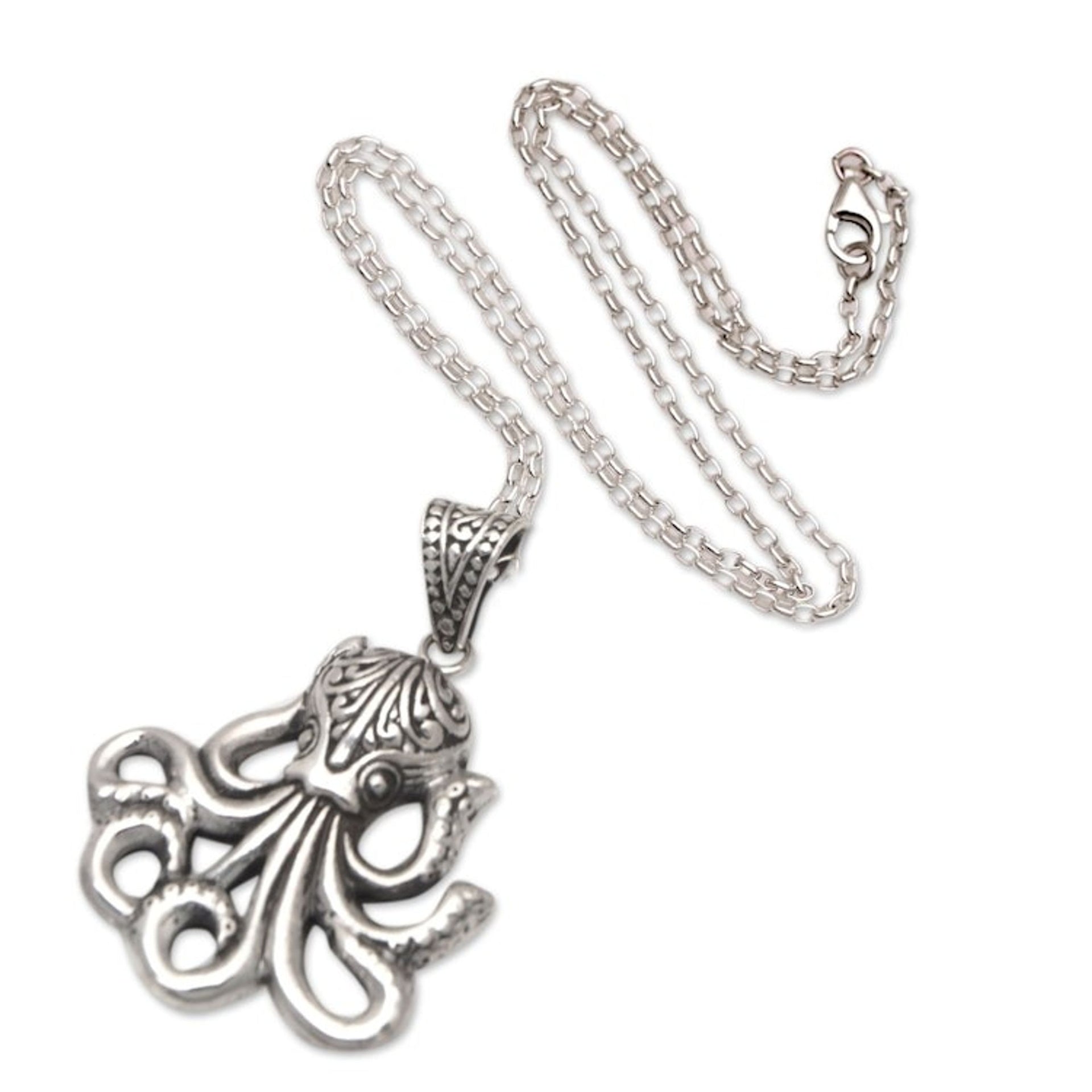 Octopus-Themed Sterling Silver Pendant Necklace from Bali 'Octopus Glory'