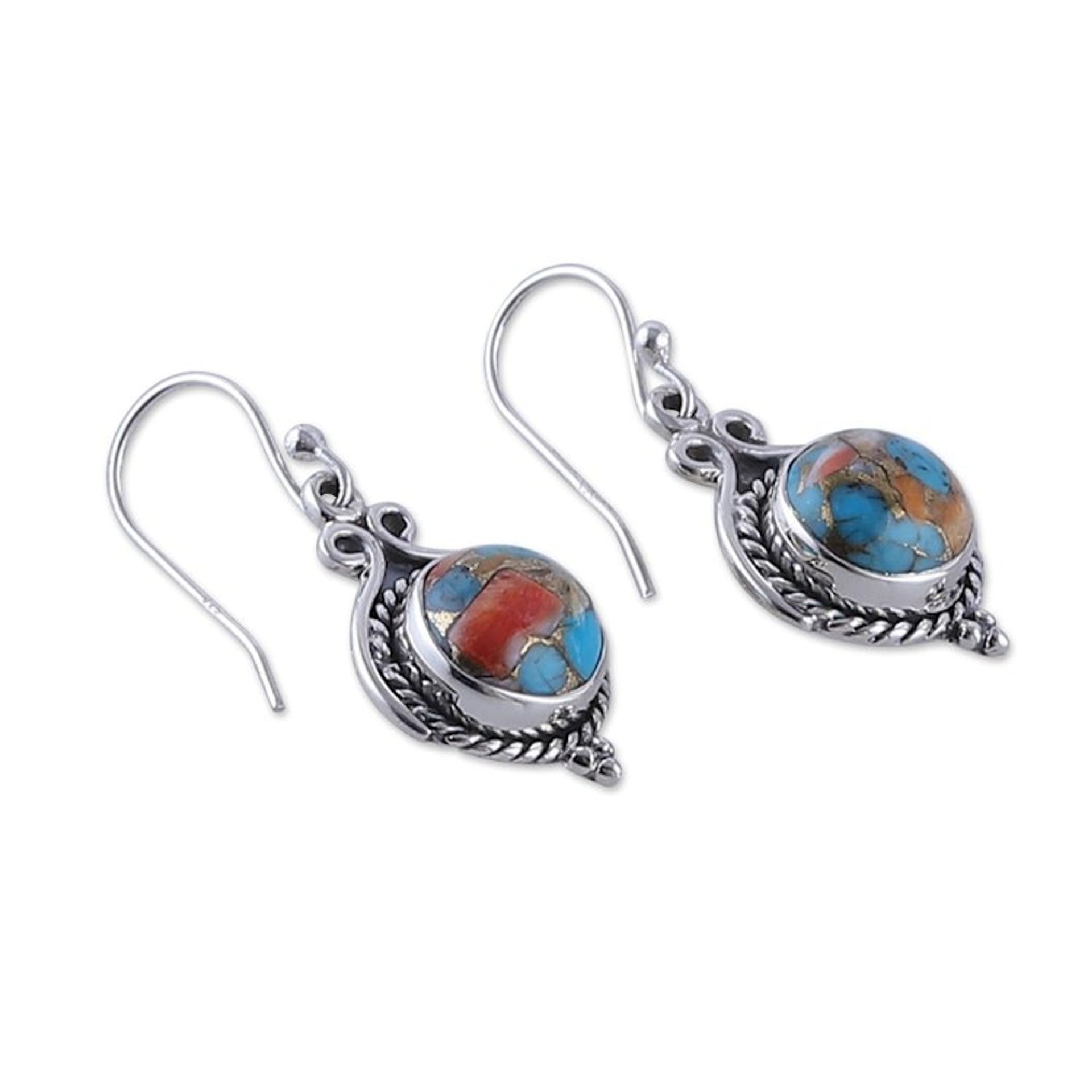 Fair Trade Reconstituted Turquoise Cabochon Dangle Earrings 'Paradise Rhapsody'