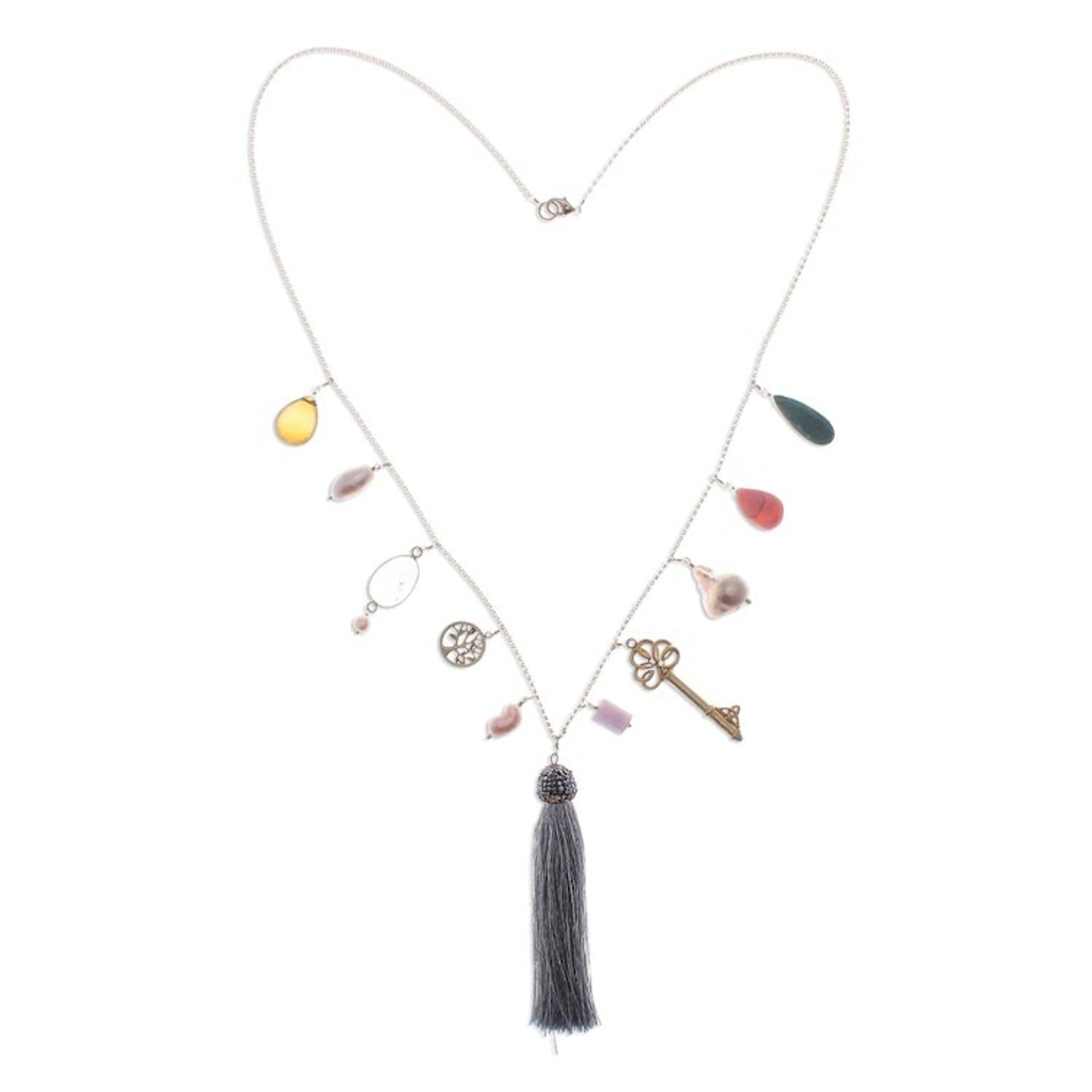 Fantasy-Inspired Gold-Plated Multi-Gemstone Charm Necklace 'Myriad Treasures'
