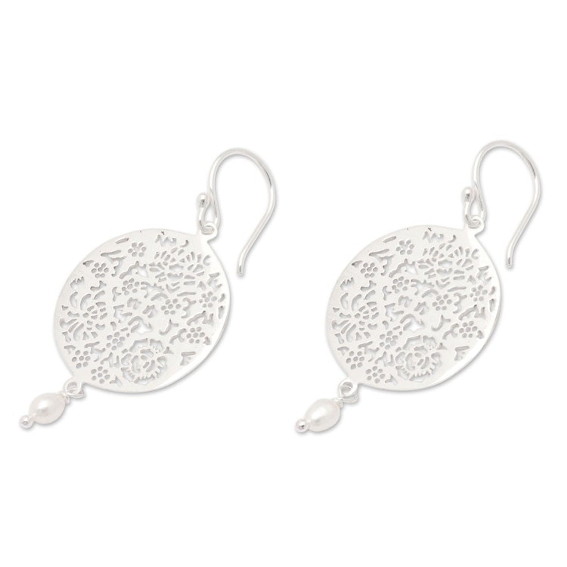 Floral and Leafy Round Cultured Pearl Dangle Earrings 'Pearly Summer'