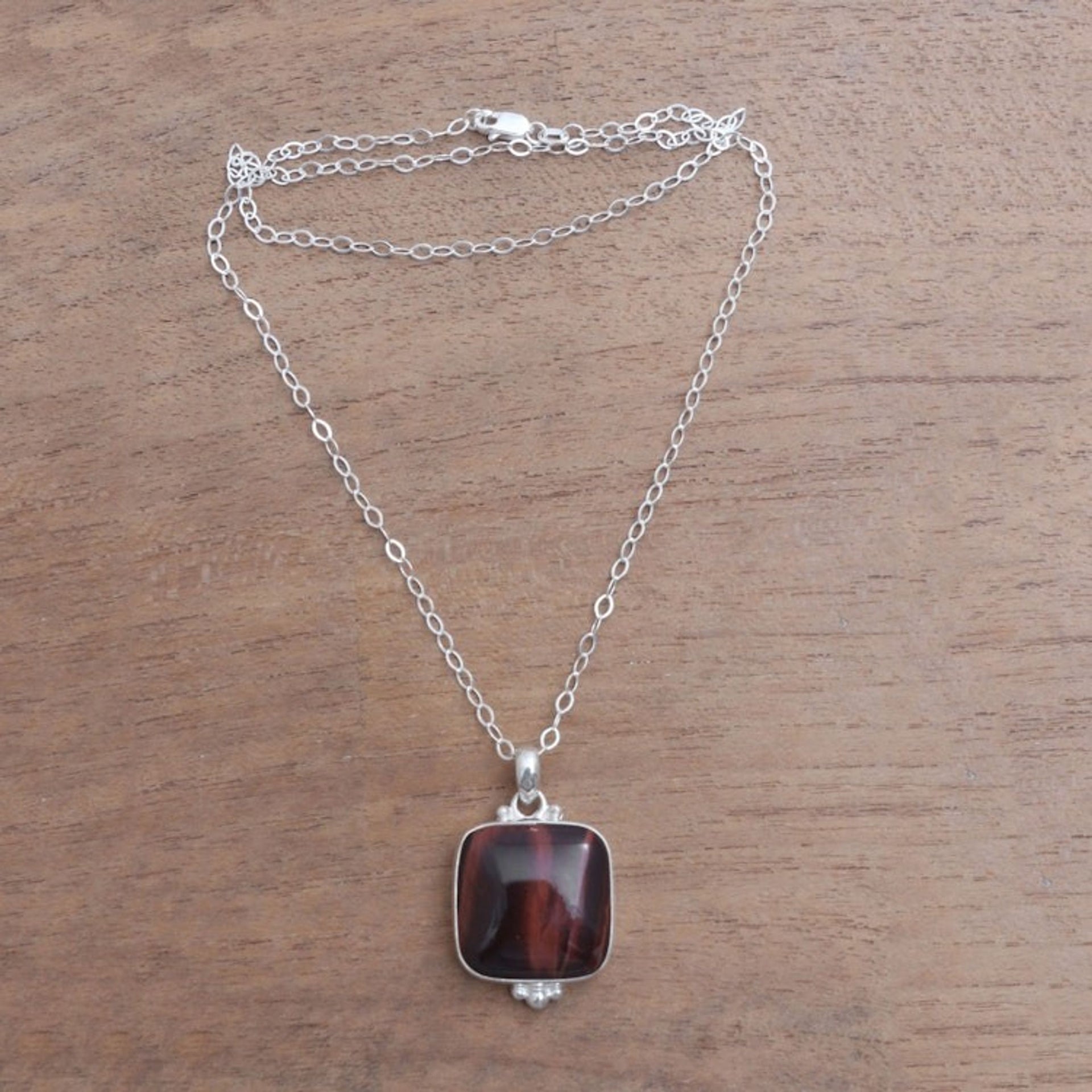 Square Red Tiger's Eye Pendant Necklace from Bali 'Red Square'