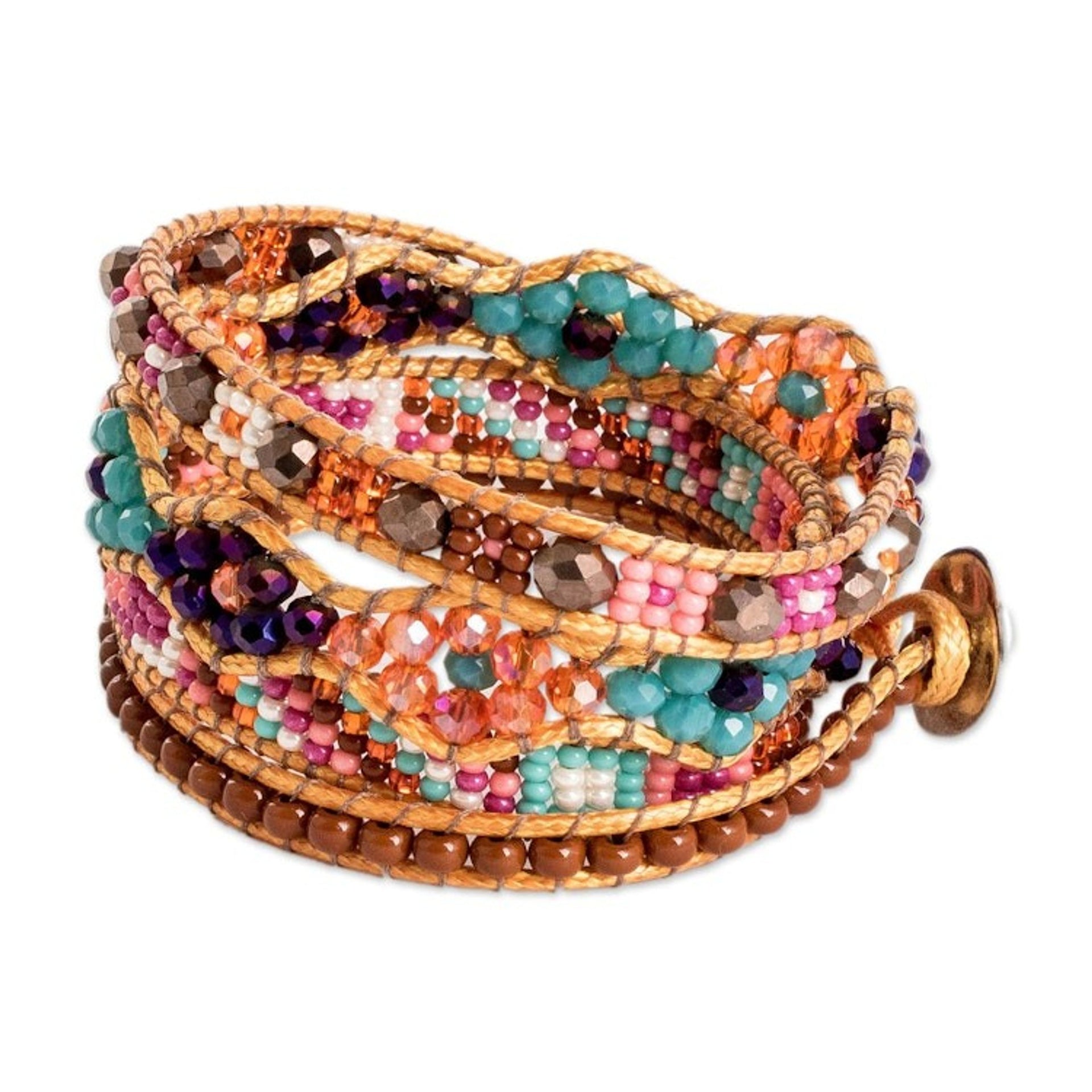 Handwoven Beaded Brown Wrap Bracelet with Pewter Button 'Market Life'