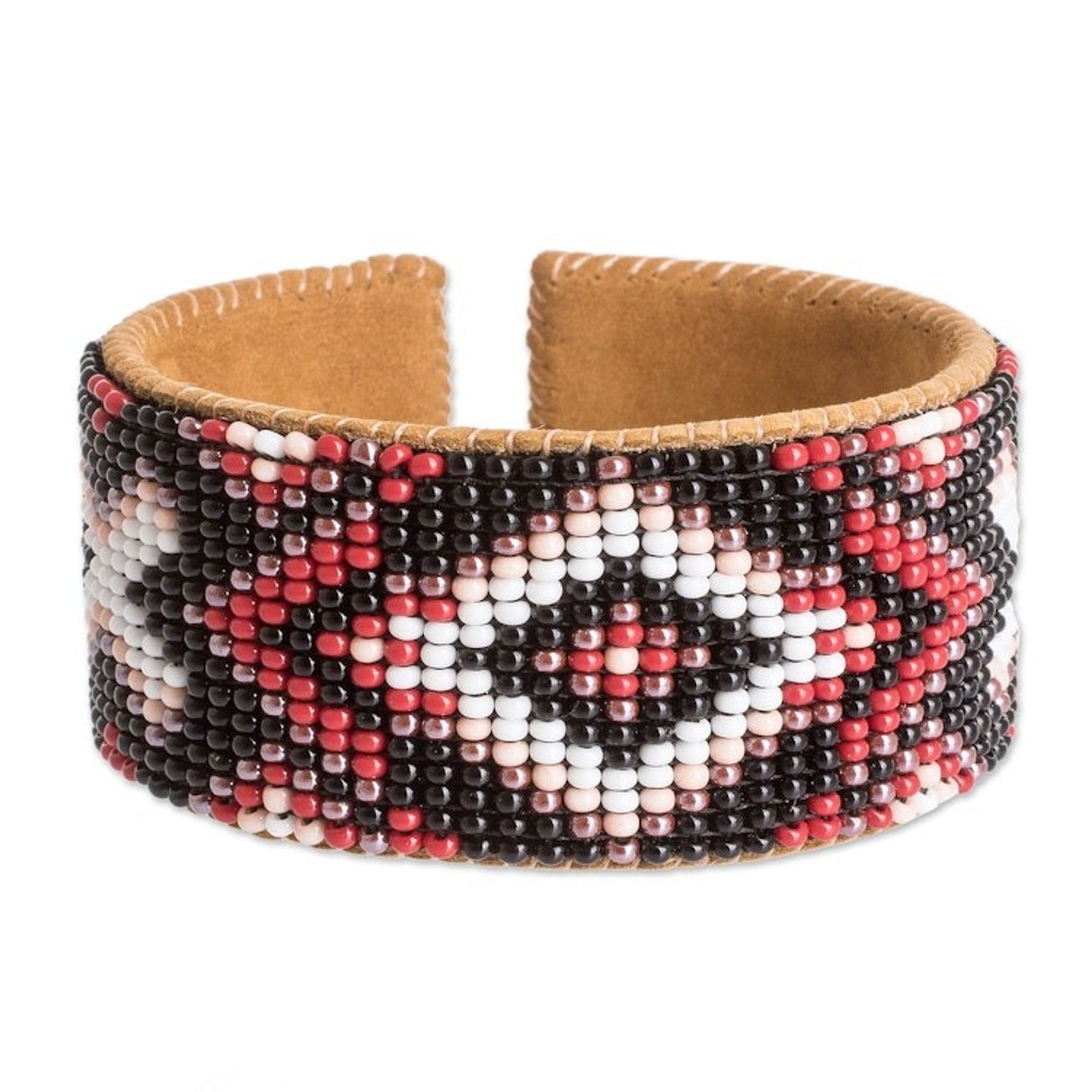 Traditional Red and Black Glass Beaded Cuff Bracelet 'Fire's Union'