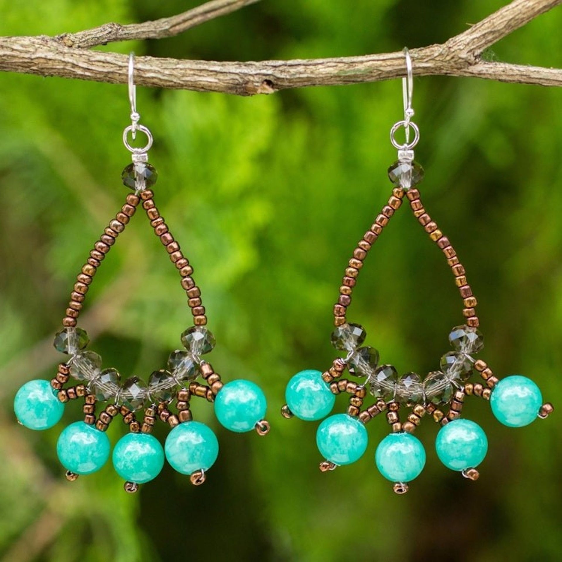 Thai Beaded Jewelry Earrings with Quartz and Glass Beads 'Green Harmony'