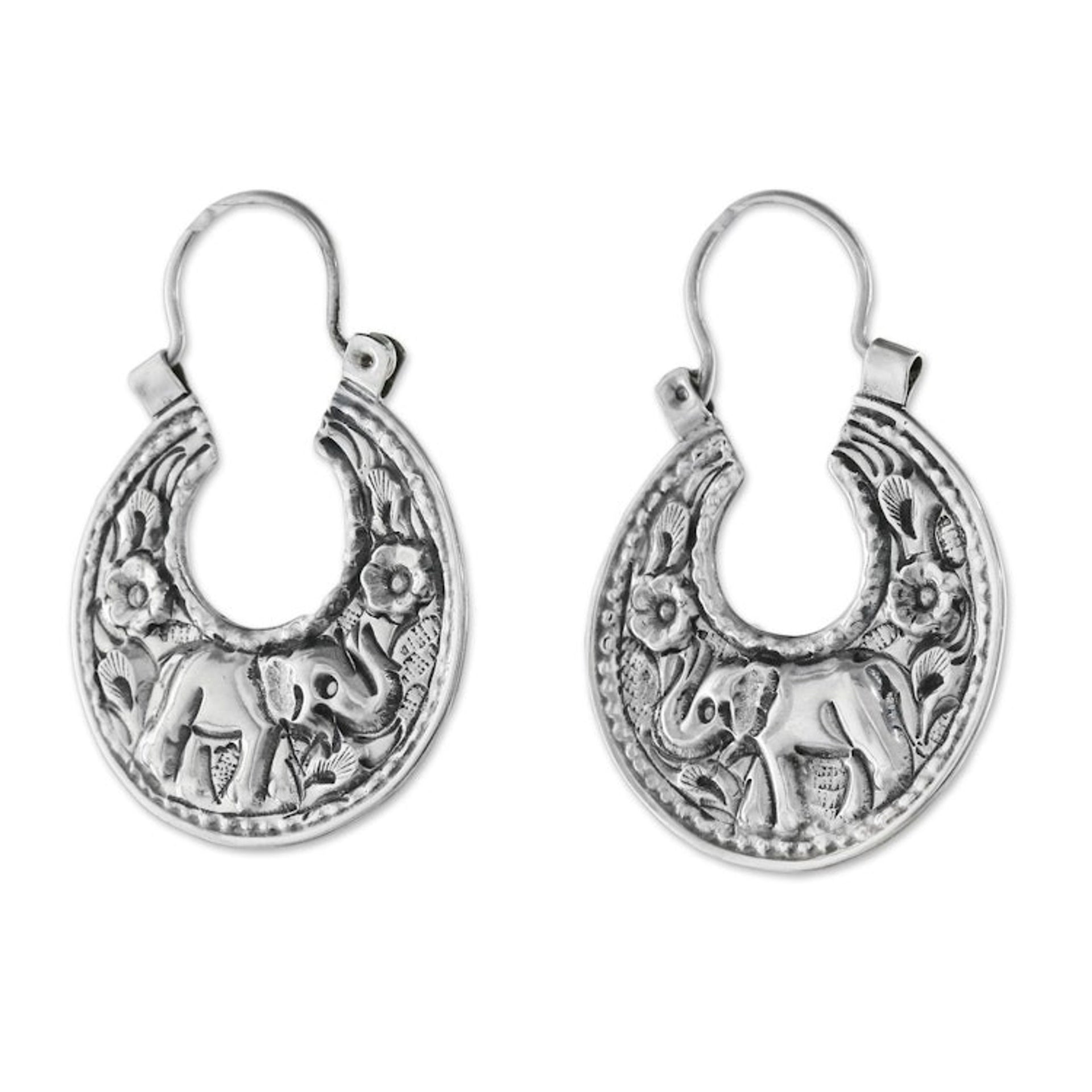 Elephant-Themed Sterling Silver Hoop Earrings from Thailand 'Lanna Elephant'
