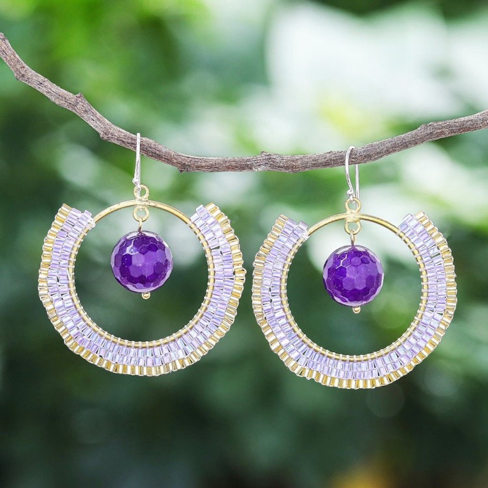 Quartz and Glass Beaded Circle Earrings 'Universal Sun in Lavender'