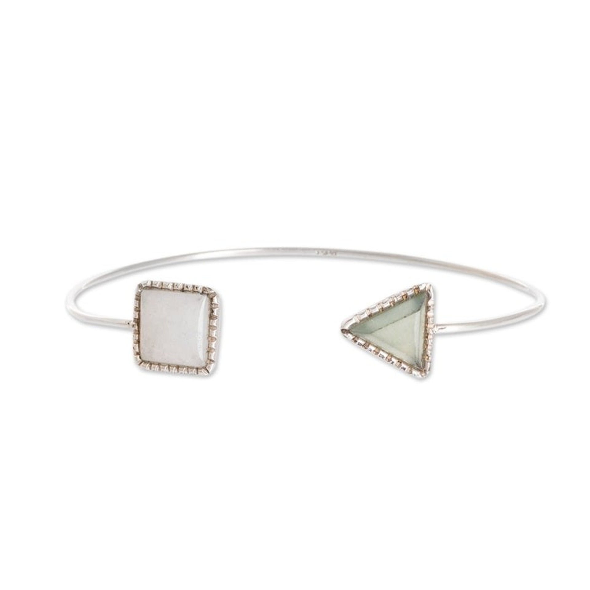 Geometric Themed Sterling Silver and Jade Cuff Bracelet 'Geometric Shapes in Green'