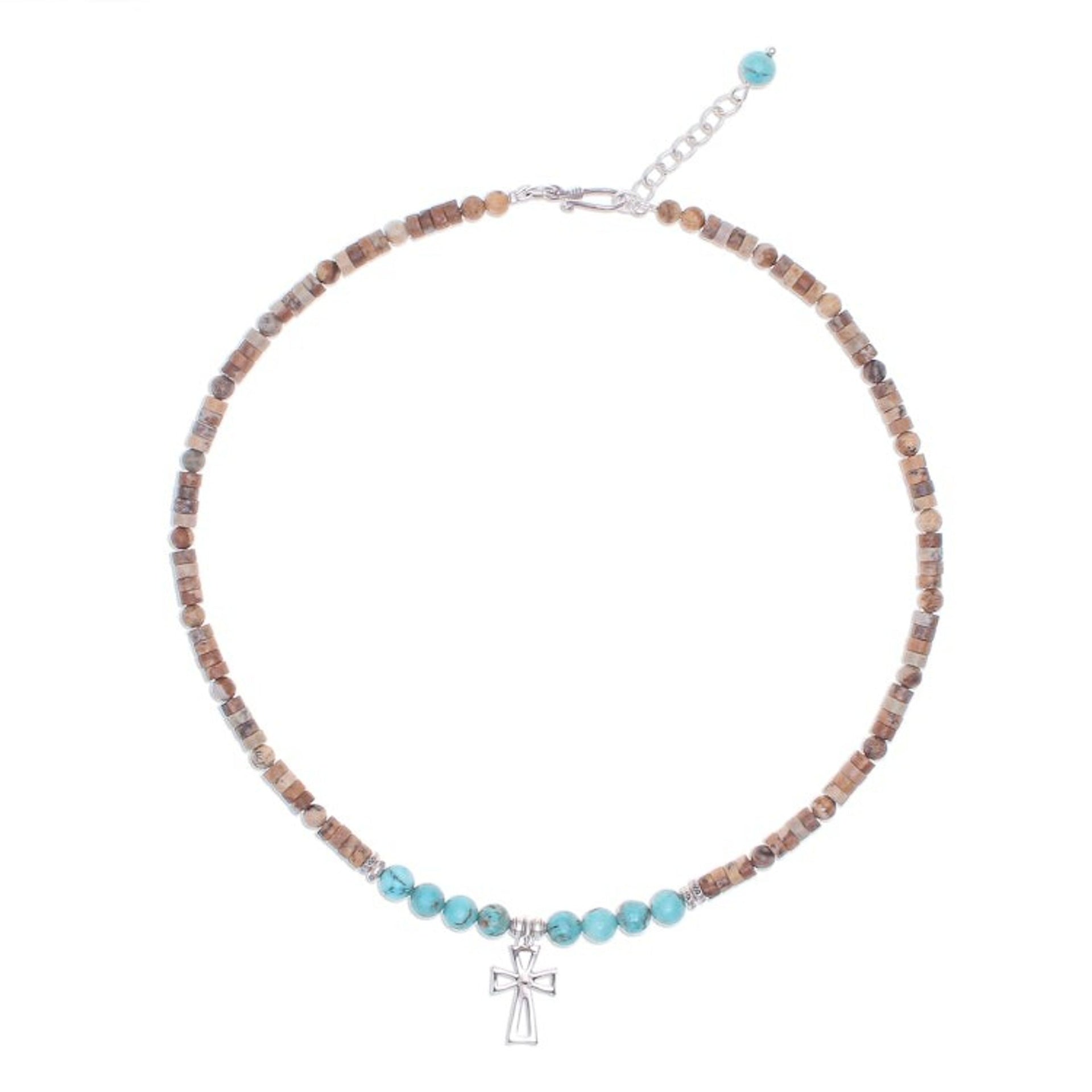 Multi-Gemstone Beaded Cross Pendant Necklace 'Earthy Cross'
