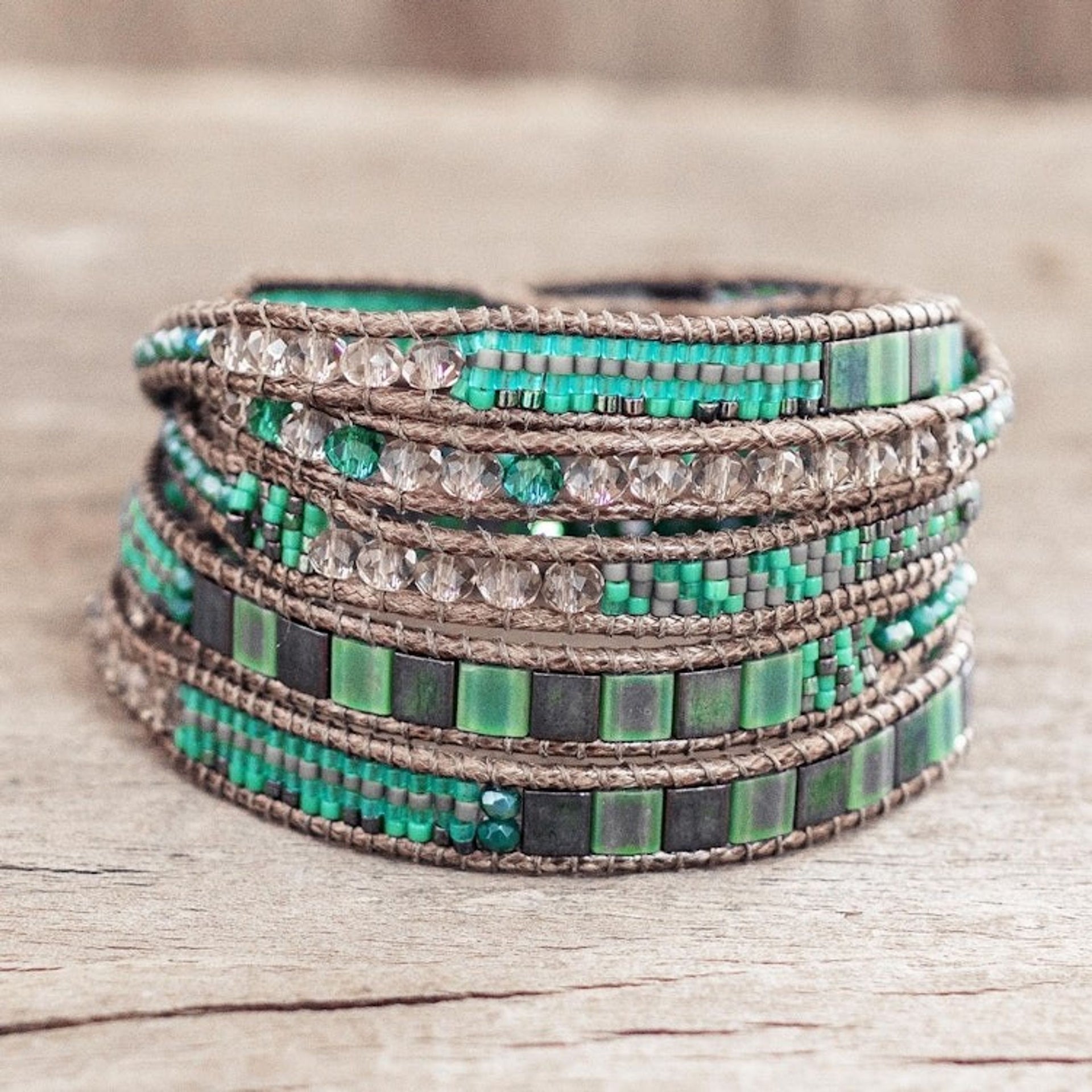 Green and White Glass Beaded Wrap Bracelet with Button Clasp 'New and Old in Green'