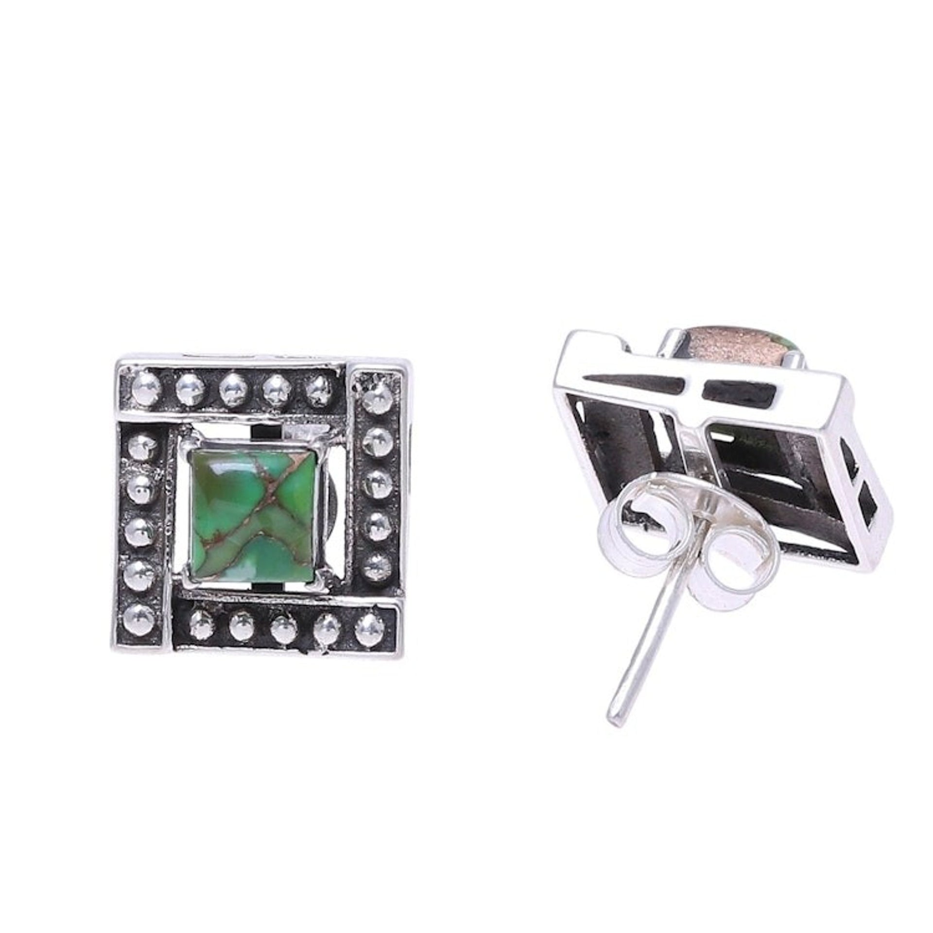 Square Green Composite Turquoise Stud Earrings from India 'Beautiful Windows in Green'