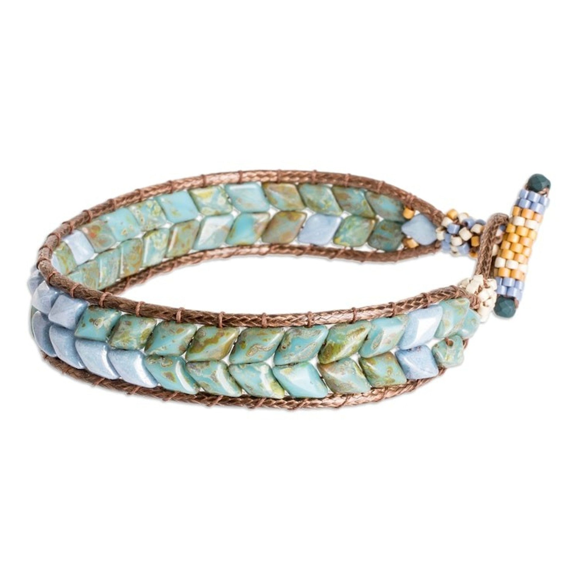 Handcrafted Blue and Green Glass Beaded Wristband Bracelet 'Celestial Current'