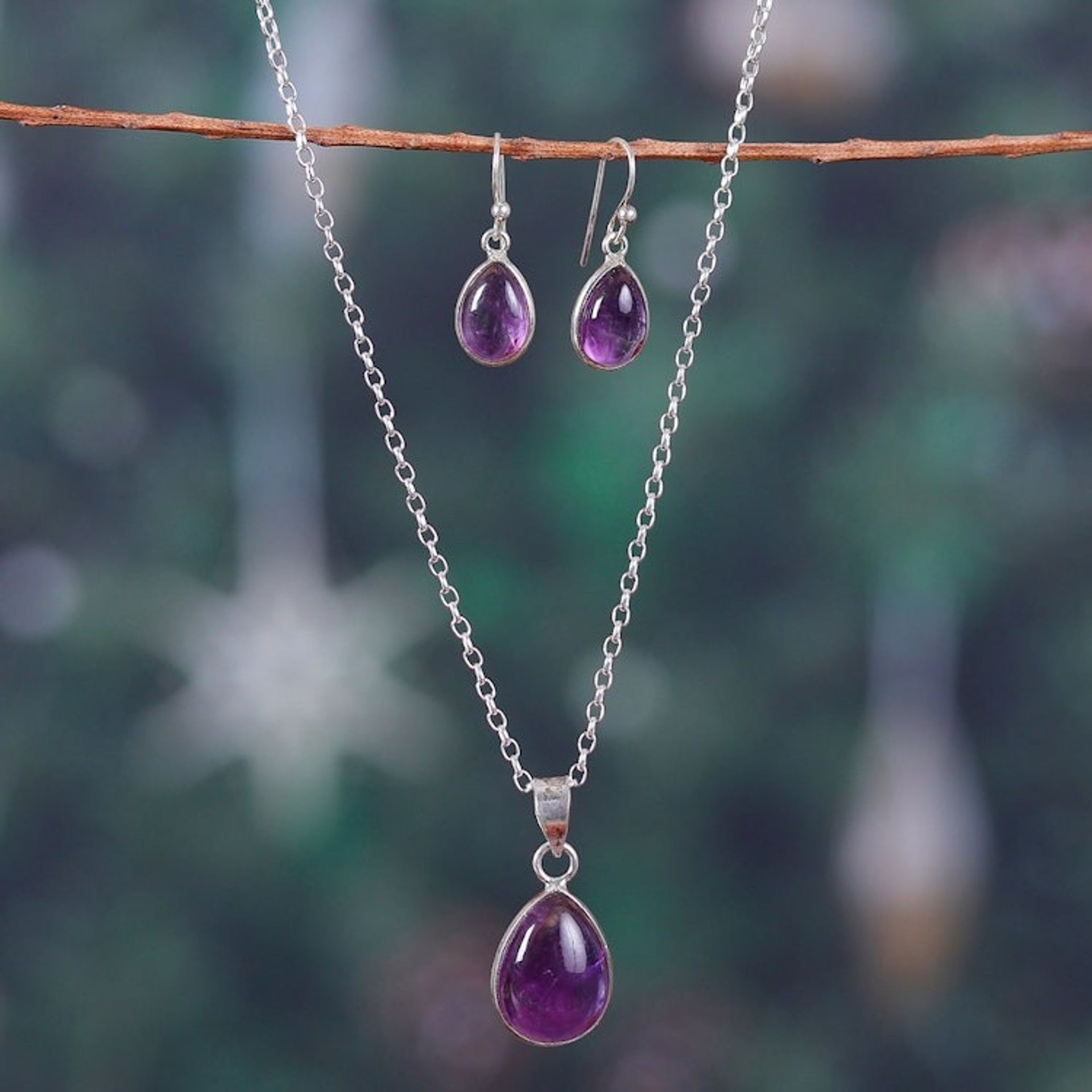 Amethyst Cabochon Pendant Necklace and Earrings Jewelry Set 'Blissful Amethyst'