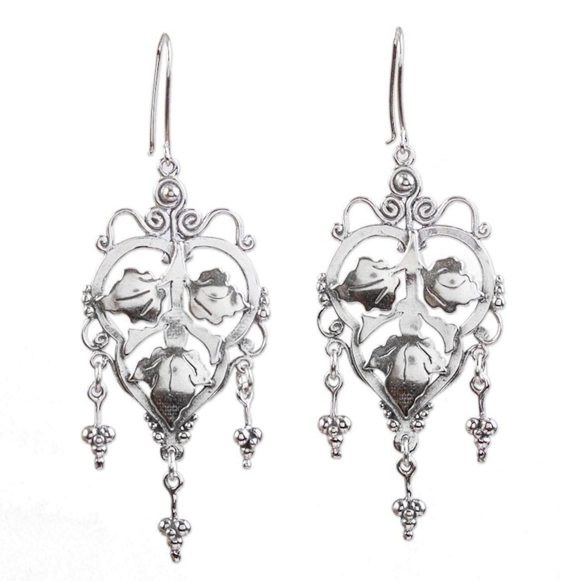 Mexican Handcrafted Sterling Silver Chandelier Earrings 'Three Leaves'