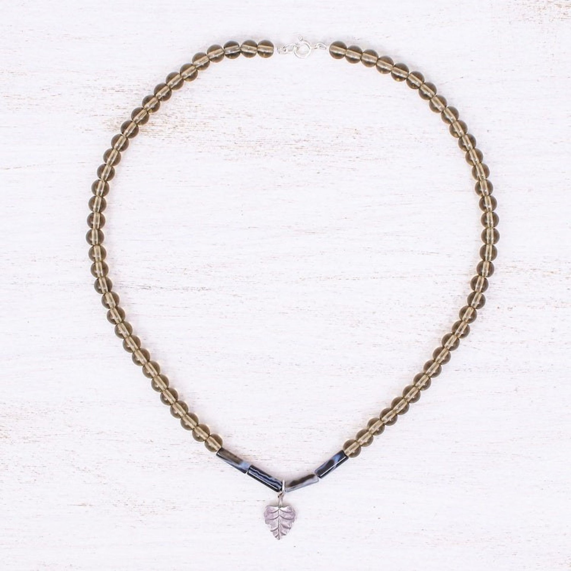Agate and Smoky Quartz Leaf Pendant Necklace 'Clear Night'