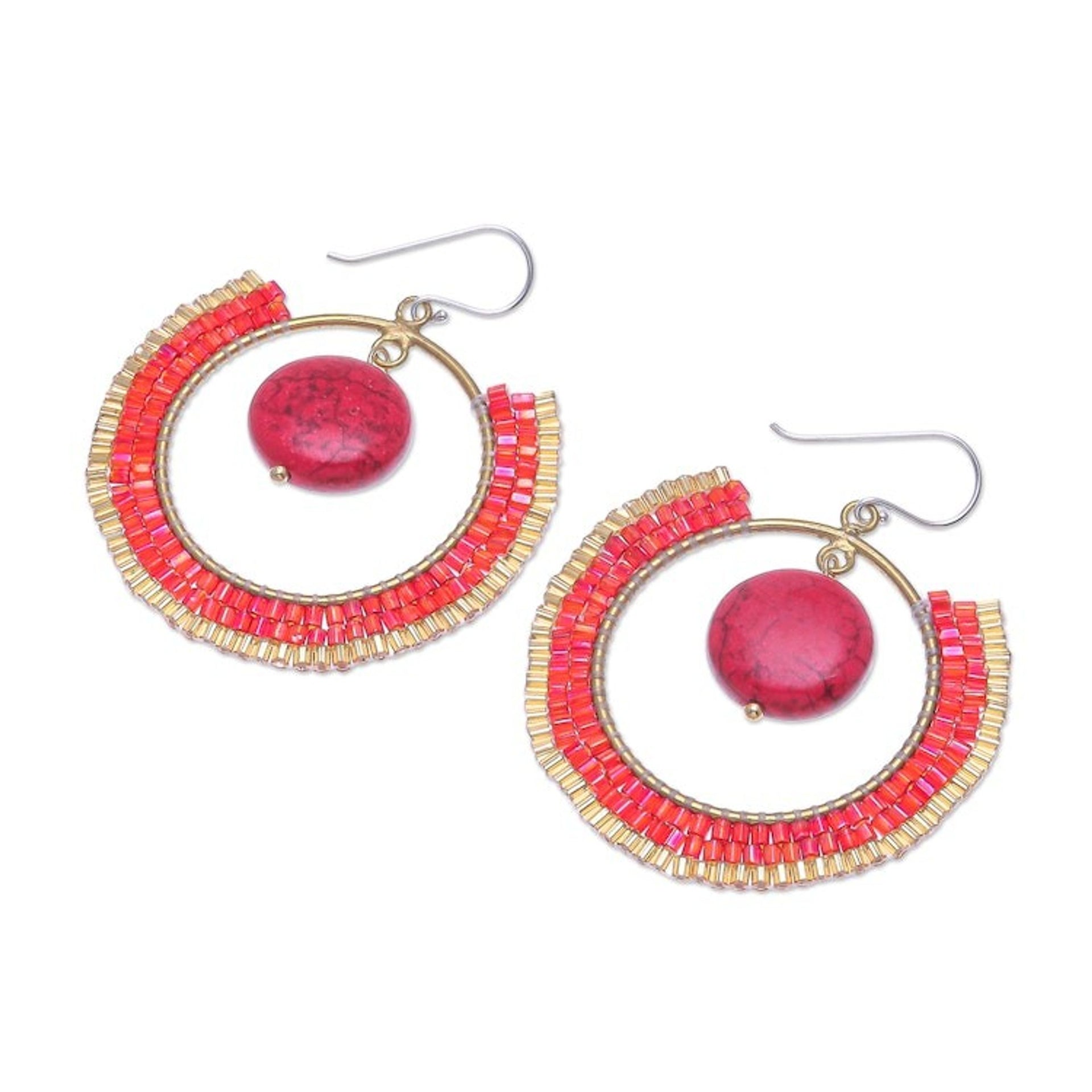 Howlite and Glass Beaded Circle Earrings 'Universal Sun in Red'
