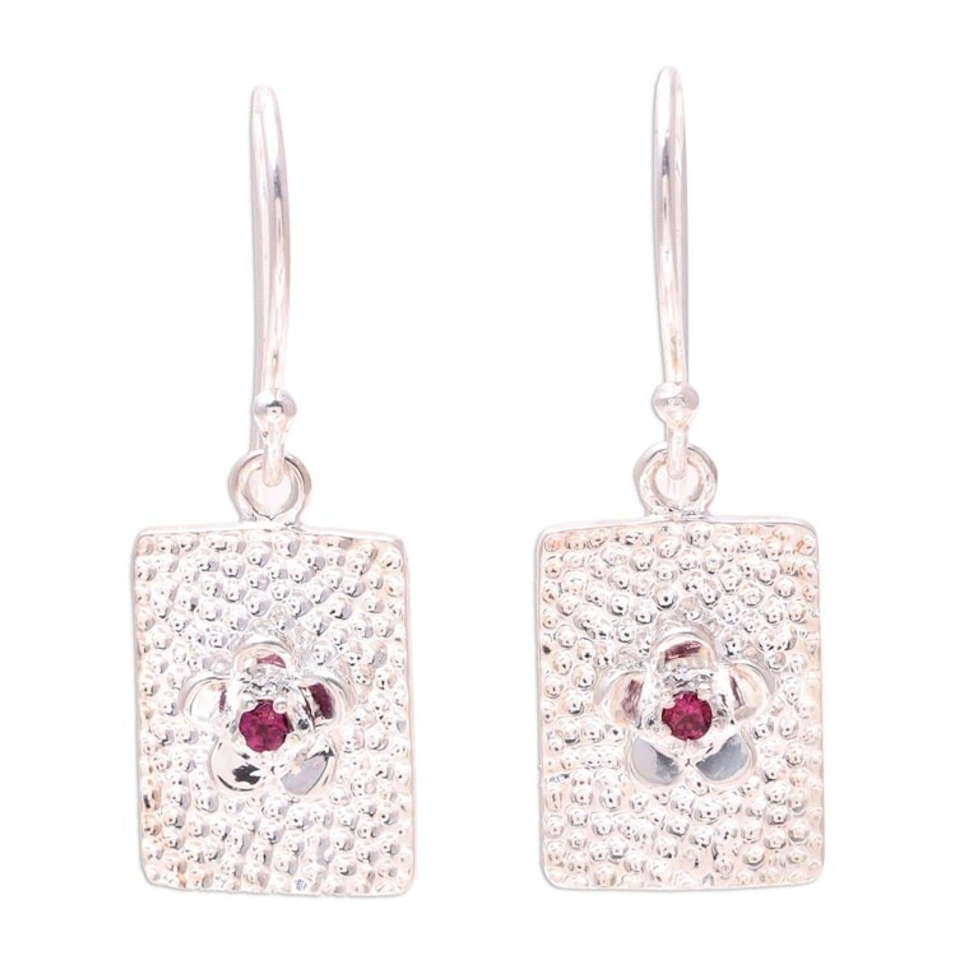 Rectangular Floral Garnet Dangle Earrings from India 'Floral Pictures'