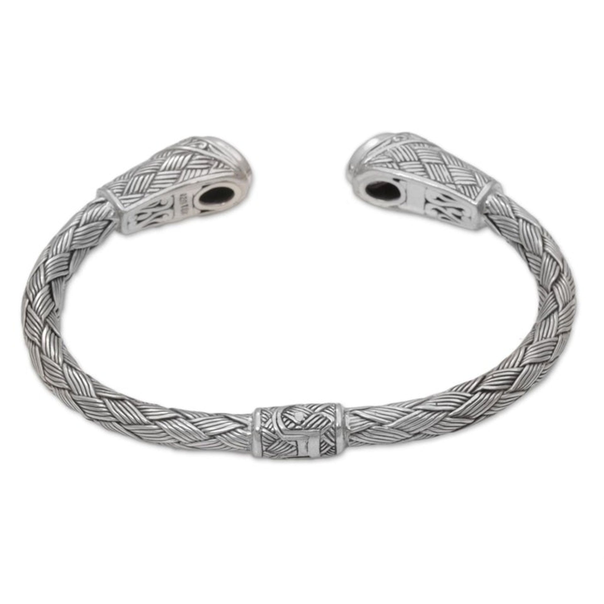 Gold Accent Amethyst and Silver Cuff Bracelet from Indonesia 'Bamboo Wicker'