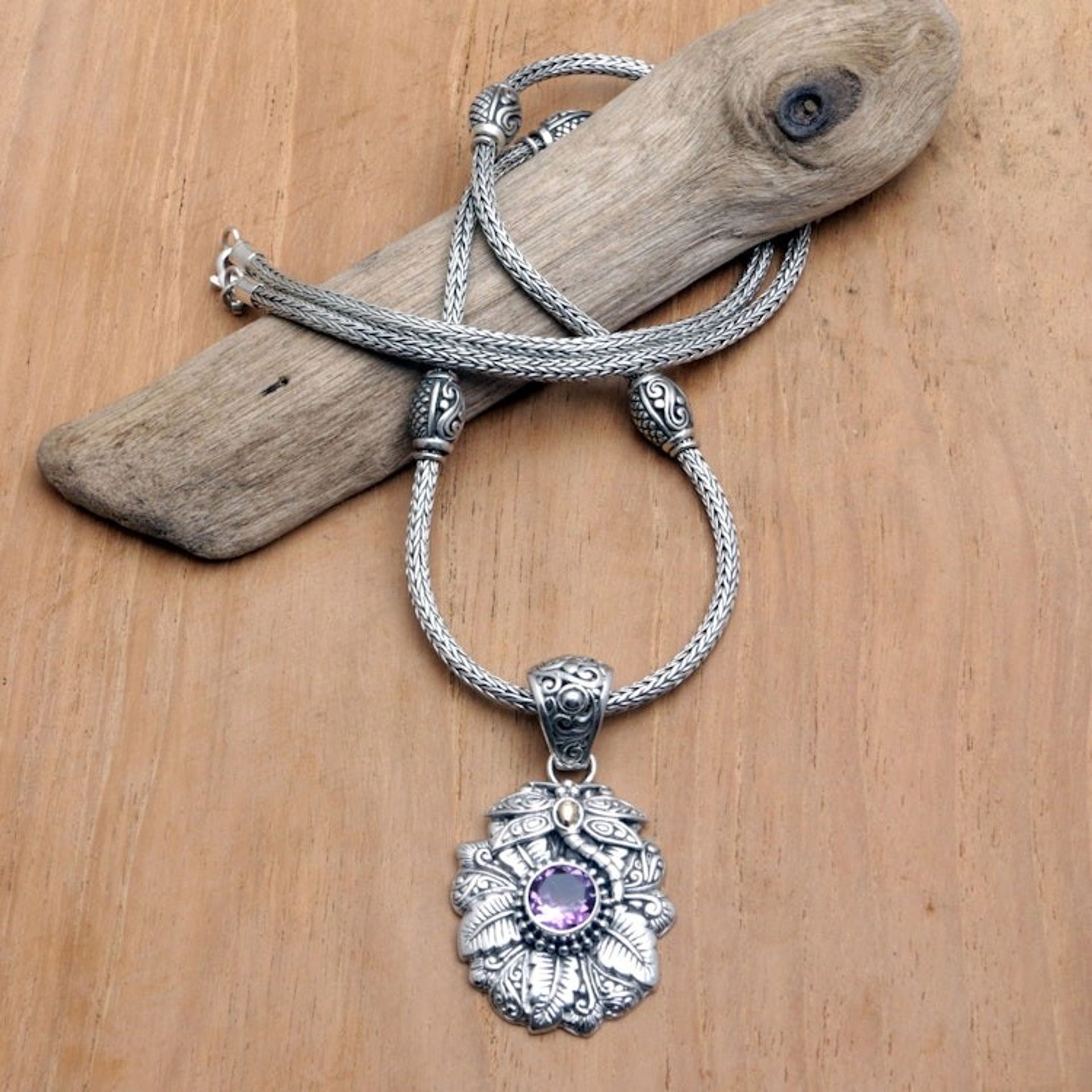 18k-Gold Accented Amethyst Pendant Necklace with Dragonfly 'Dragonfly's Purple Paradise'