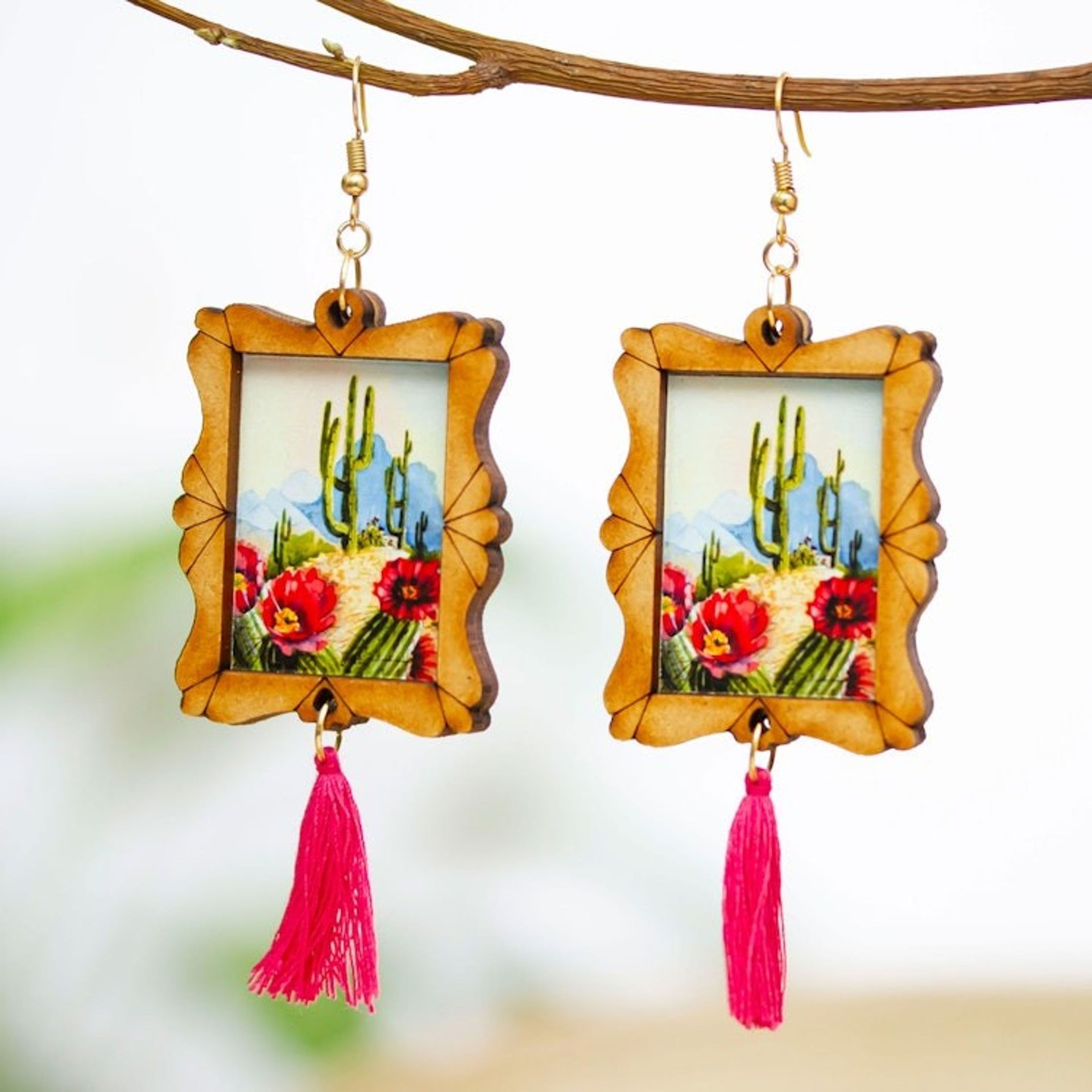 Handcrafted Cactus Scene Wood Frame Dangle Earrings 'Saguaro Scene'