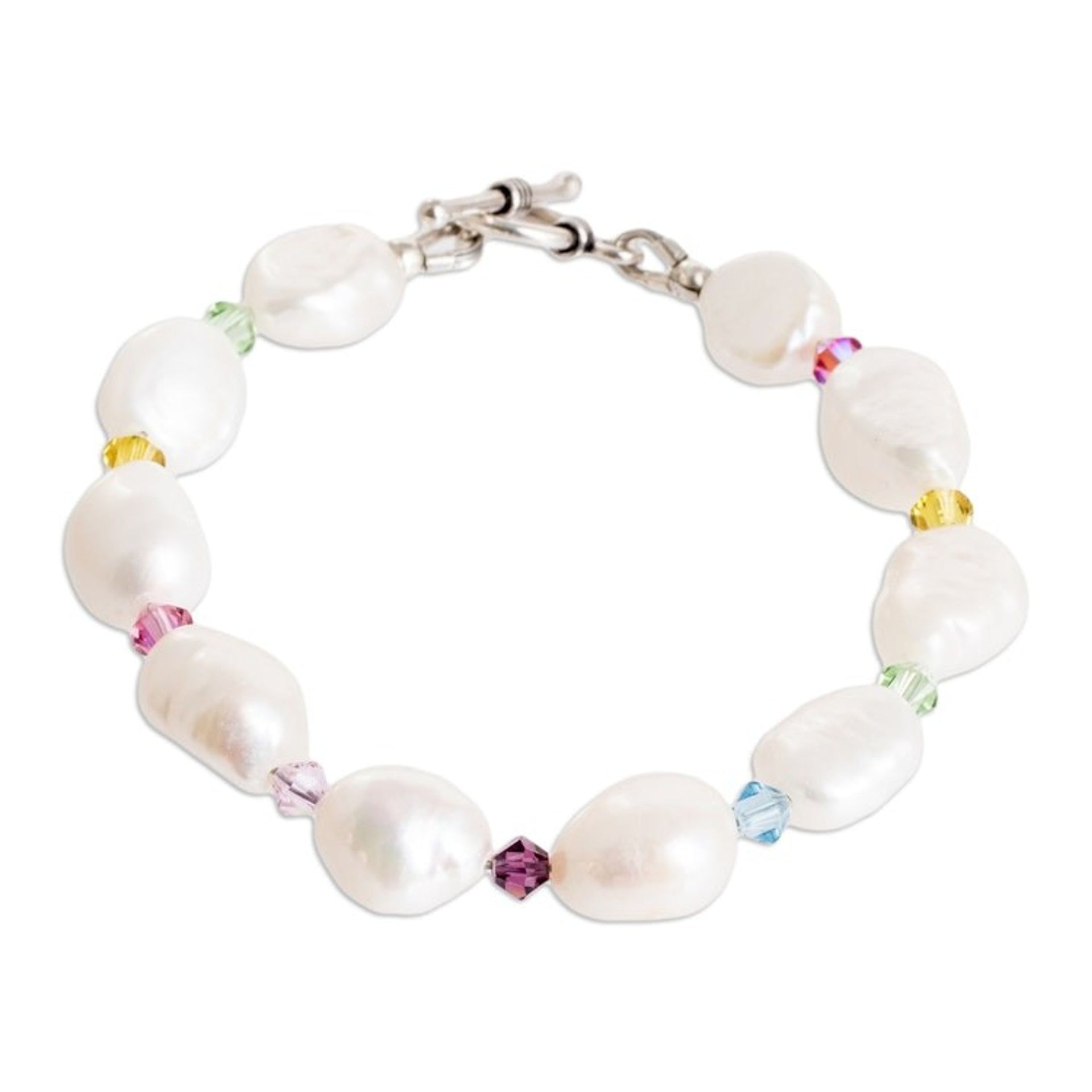 Cultured Pearl Crystal Beaded Bracelet with Silver Clasp 'Colors on White'