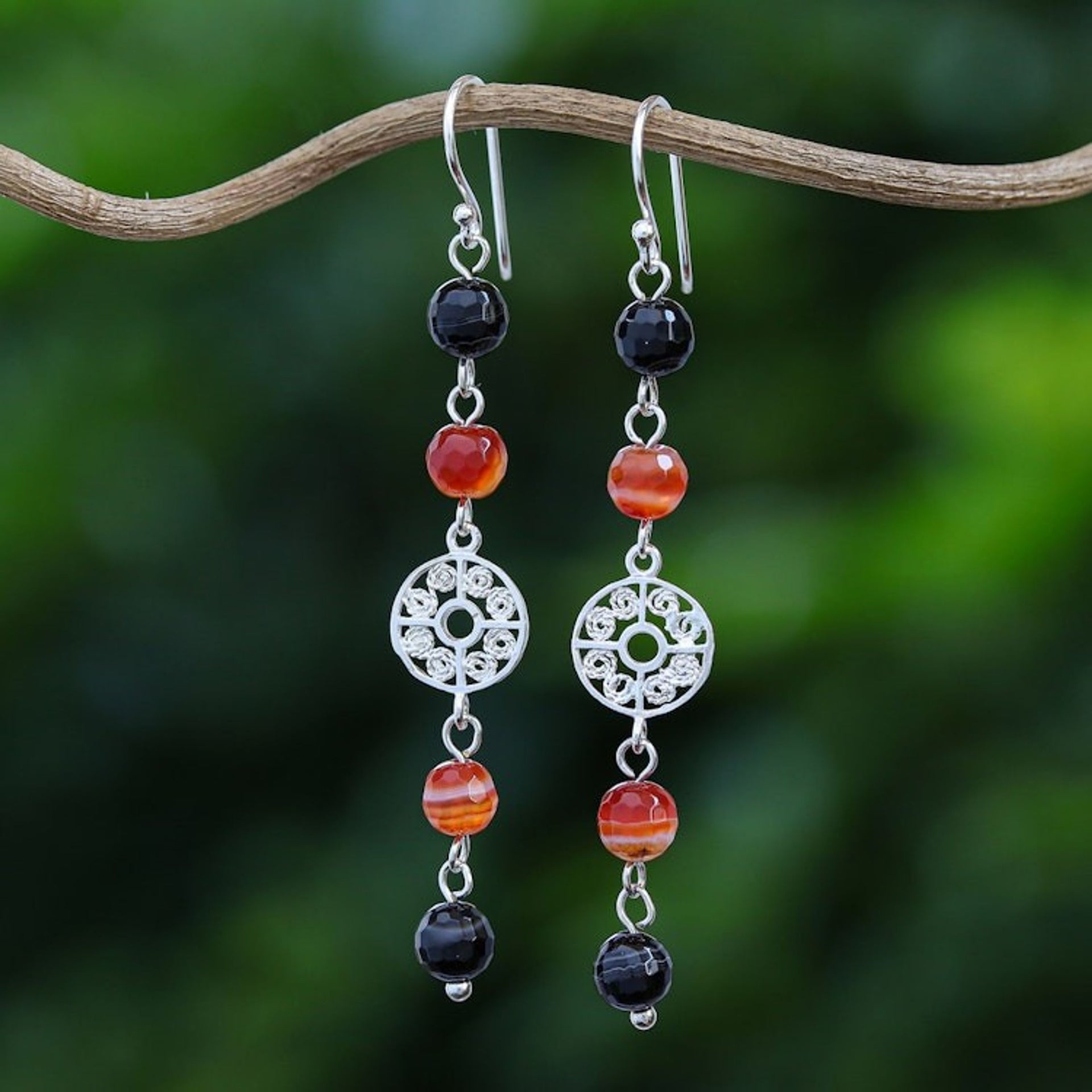 Carnelian and Onyx Silver Dangle Earrings 'Filigree Day'