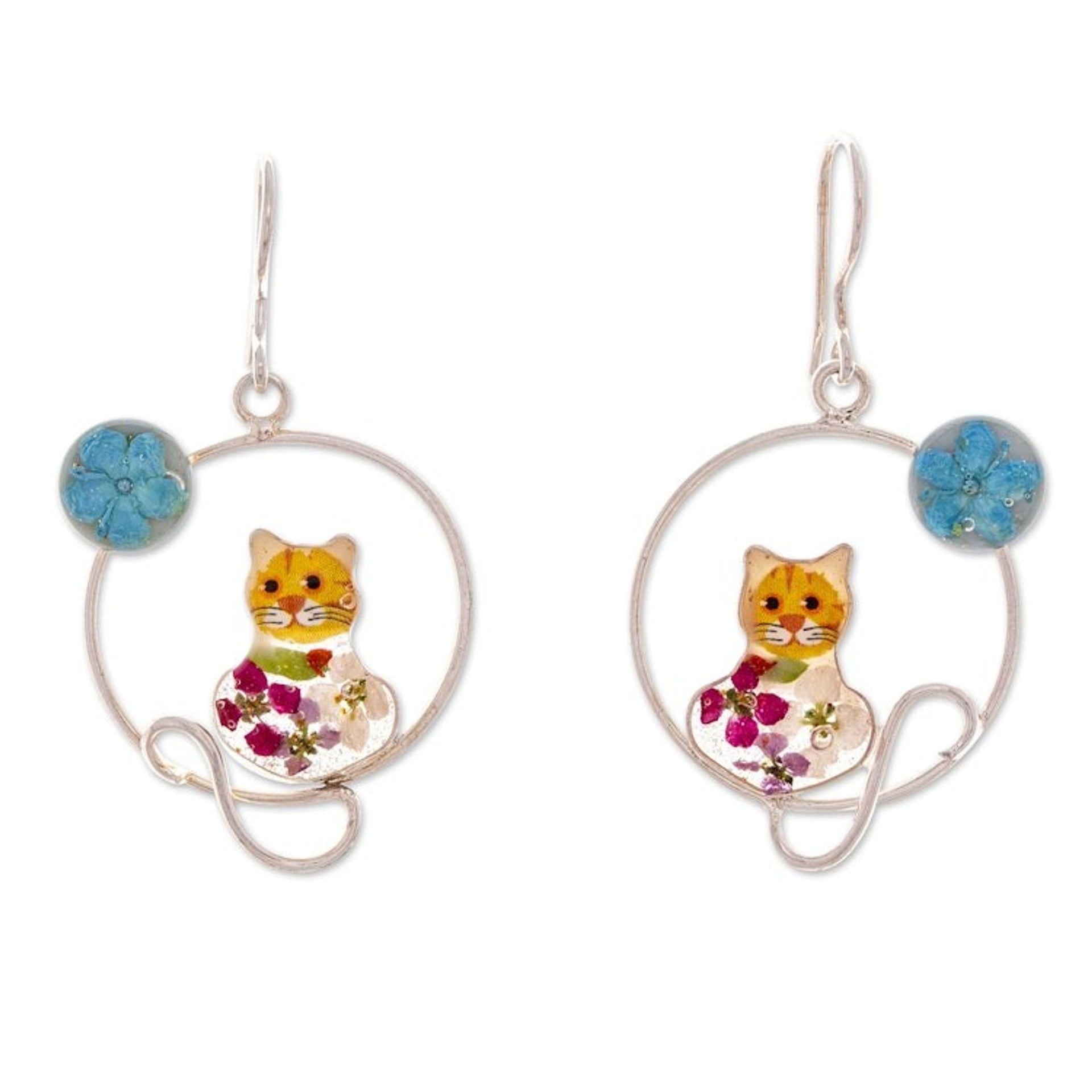 Moon and Cat-Themed Natural Flower Round Dangle Earrings 'Lunar Feline'