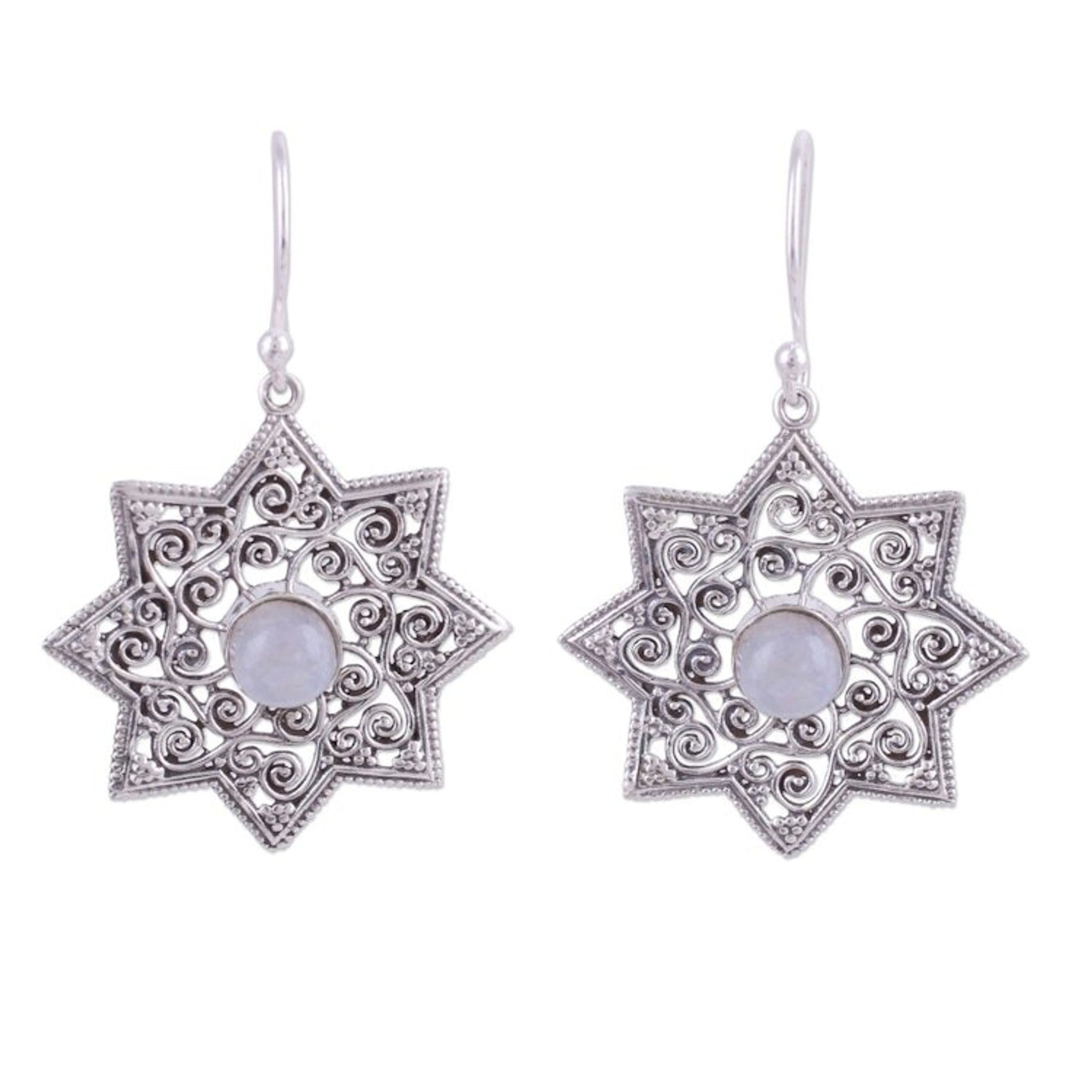 Indian Rainbow Moonstone Dangle Earrings in Star Shapes 'Mughal Stars'