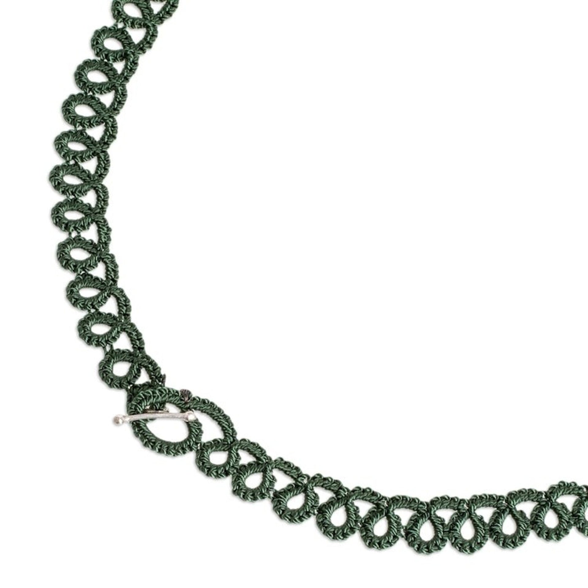 Hand-Tatted Green Statement Necklace with Glass Beads 'Green Breeze'