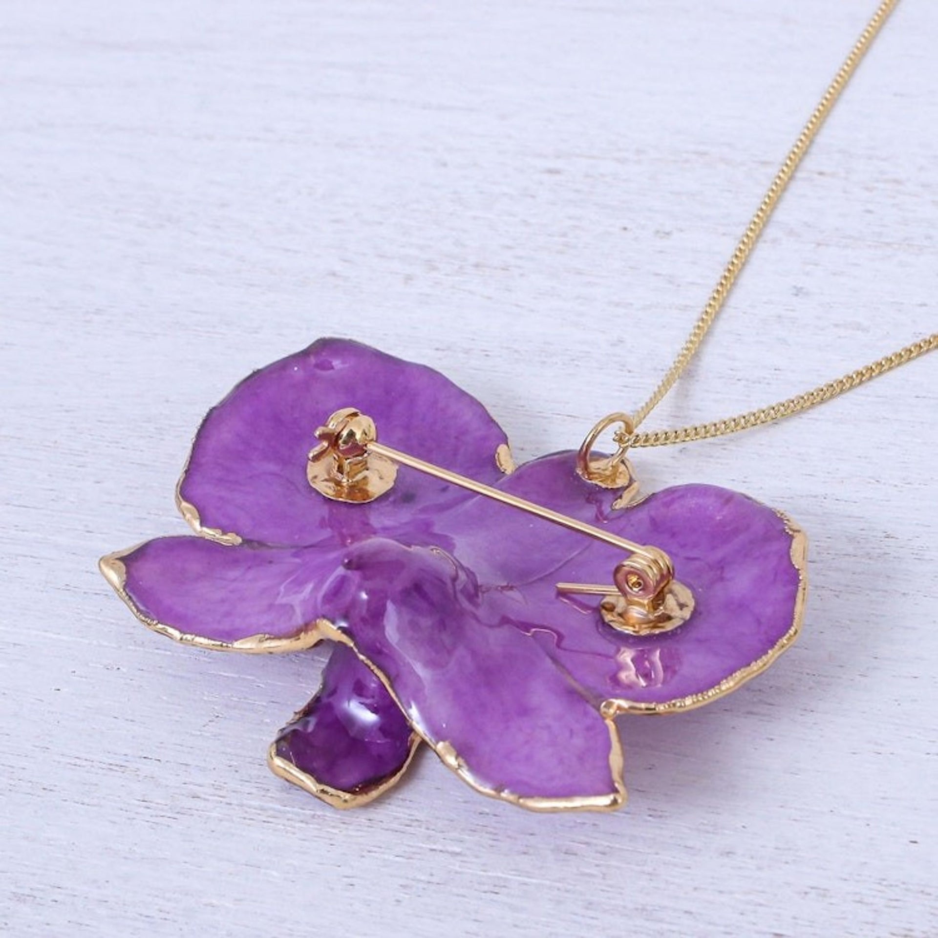 Gold-Plated Fuchsia Orchid Petal Pendant Necklace and Brooch 'Orchid Magic in Fuchsia'