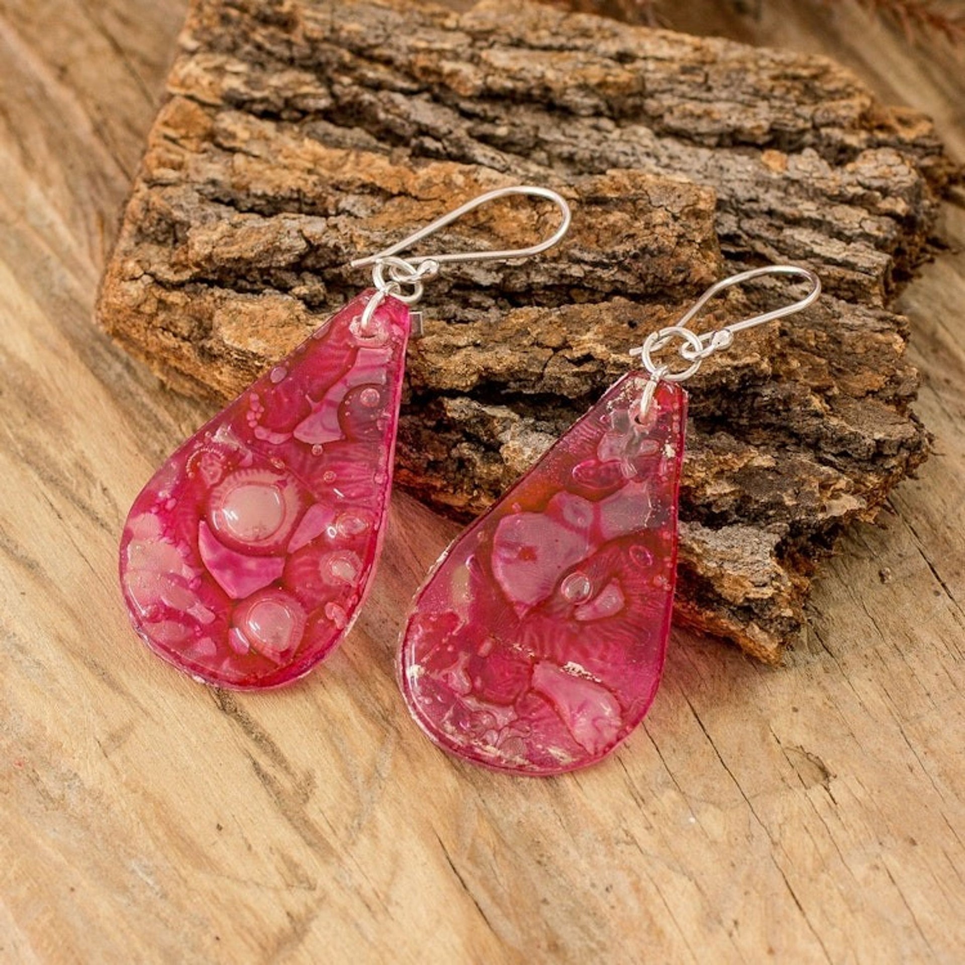Eco-Friendly Drop-Shaped Fuchsia Recycled CD Dangle Earrings 'Grace Drops'