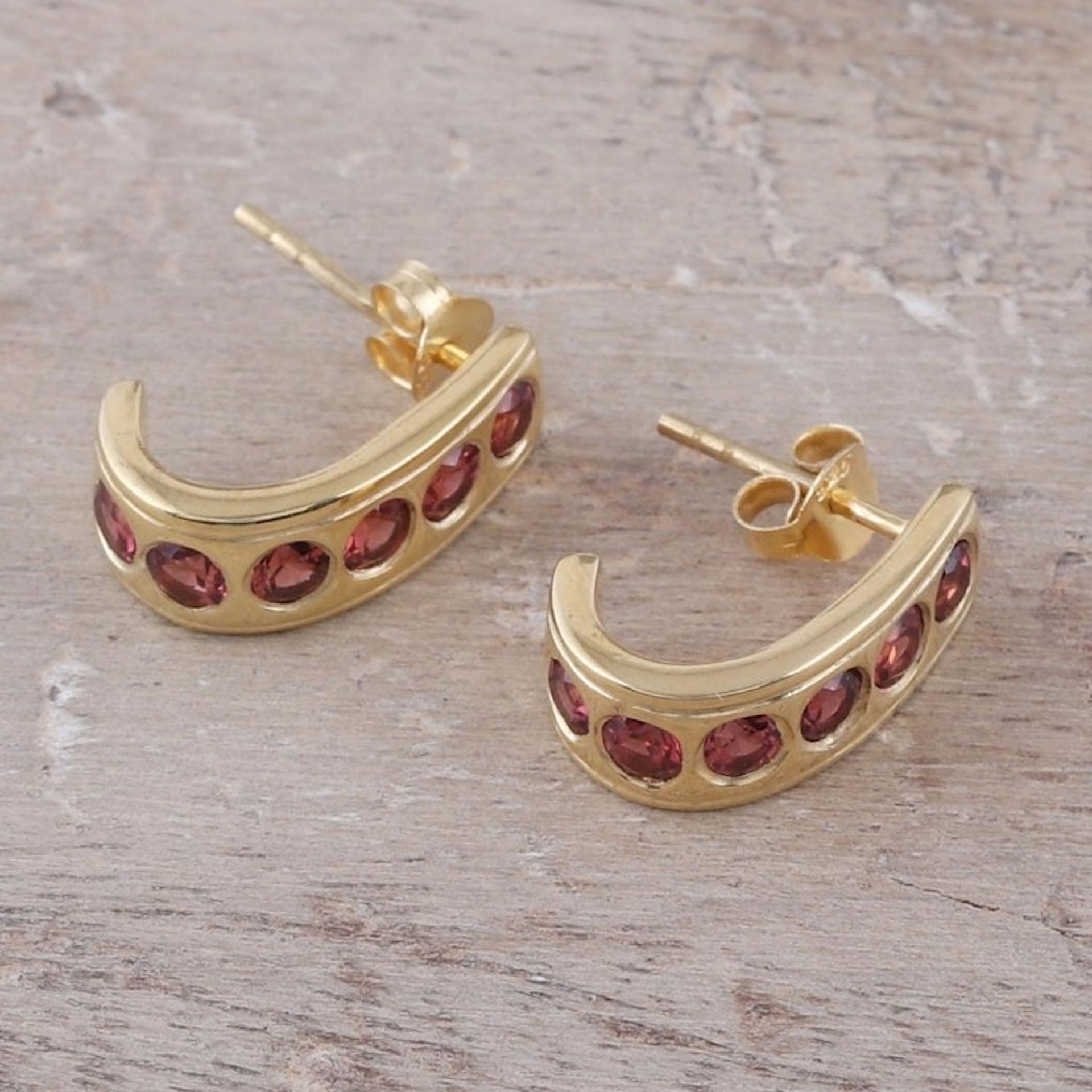 23k Gold Plated Sterling Silver Garnet Half-Hoop Earrings 'Jaipur Curve'
