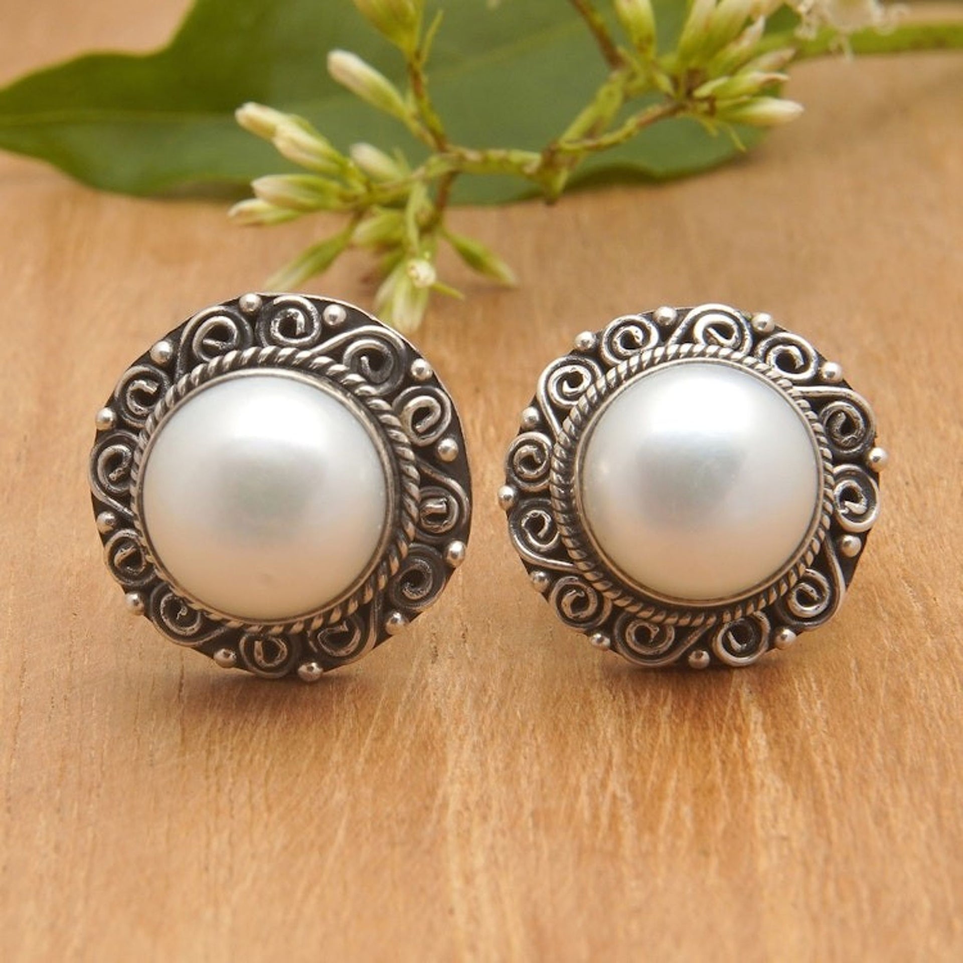 Balinese Floral Silver-White Cultured Pearl Button Earrings 'Pearly Balinese'