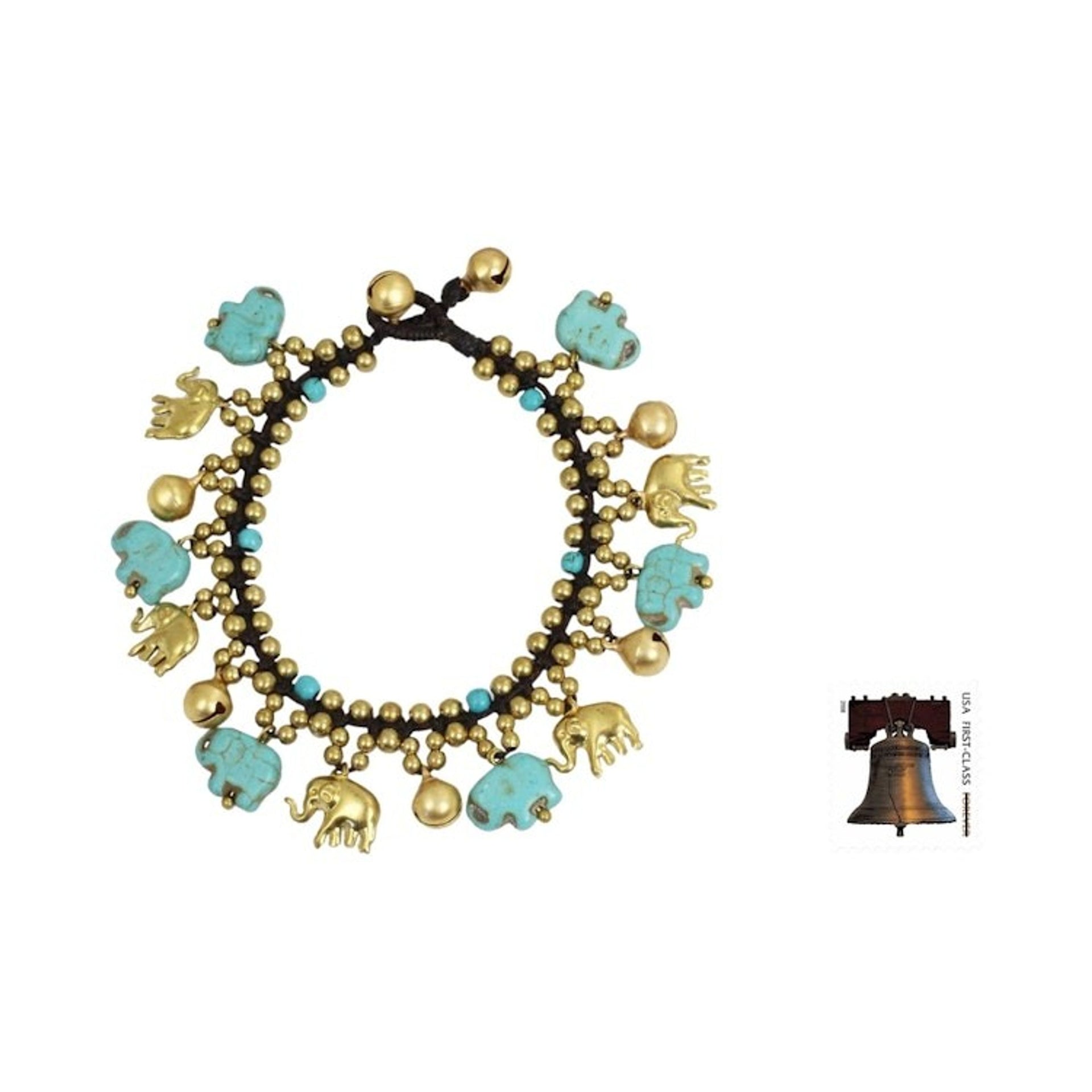 Elephant Charm Bracelet with Brass and Blue Calcite Beads 'Elephant World'