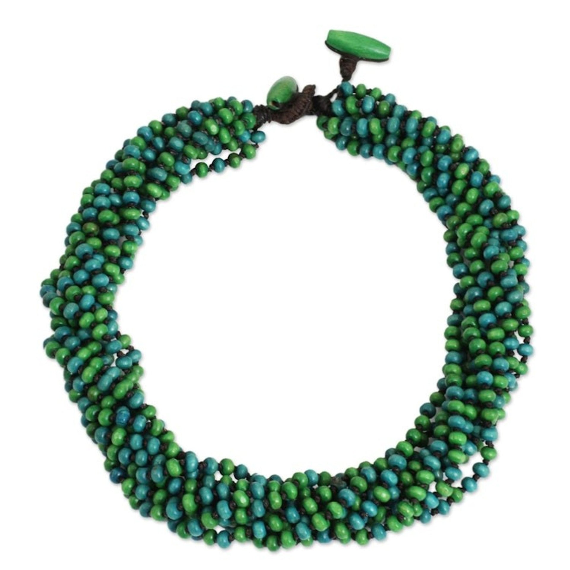 Blue Green Torsade Necklace Wood Beaded Jewelry 'Chao Phraya Belle'