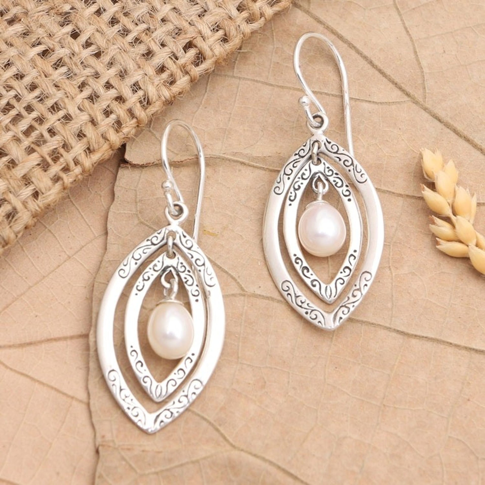 Balinese Cultured Pearl and Sterling Silver Dangle Earrings 'Rare Entity'