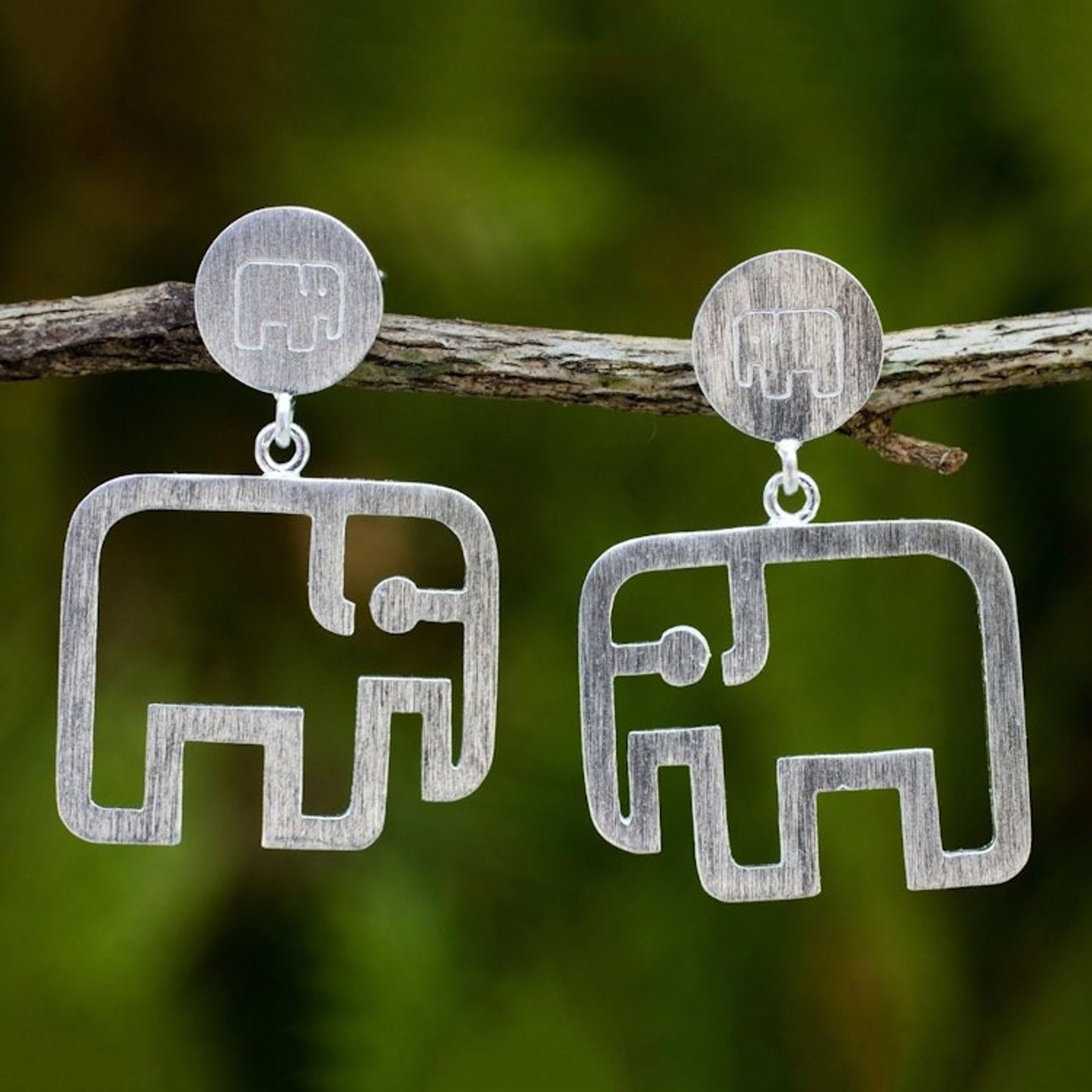 Unique Than Brushed Sterling Silver Dangle Earrings 'Elephant Encounter'