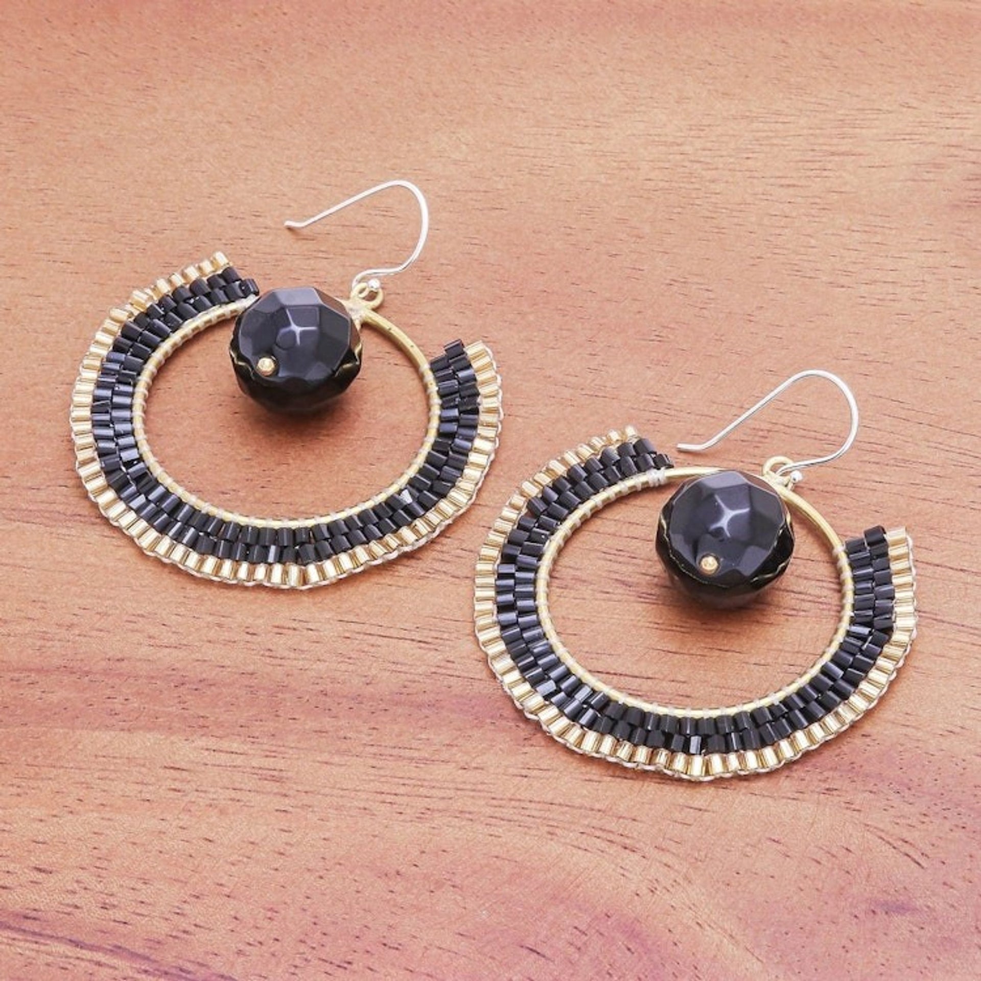 Handcrafted Glass Beaded Circle Earrings 'Universal Sun in Black'